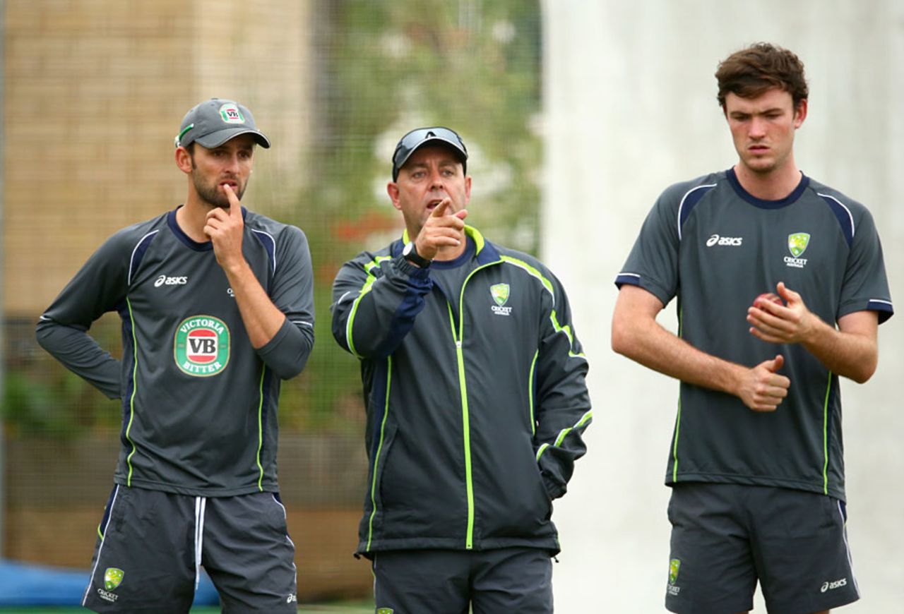 Ashton Turner (right) chats with Darren Lehmann and Nathan Lyon, Hove, July 25, 2013