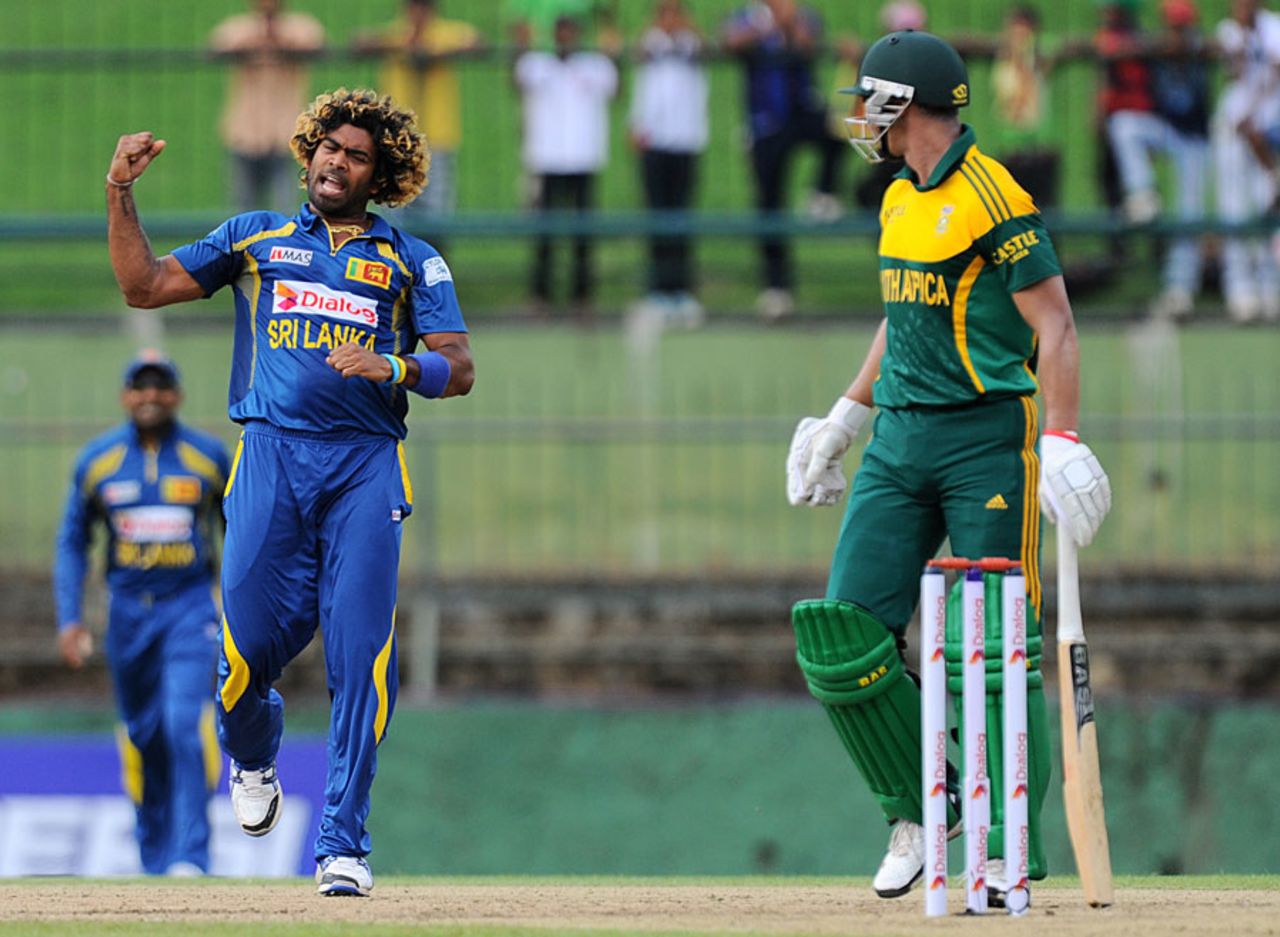 Lasith Malinga is elated after dismissing Alviro Petersen early, Sri Lanka v South Africa, 3rd ODI, Pallekele, July 26, 2013