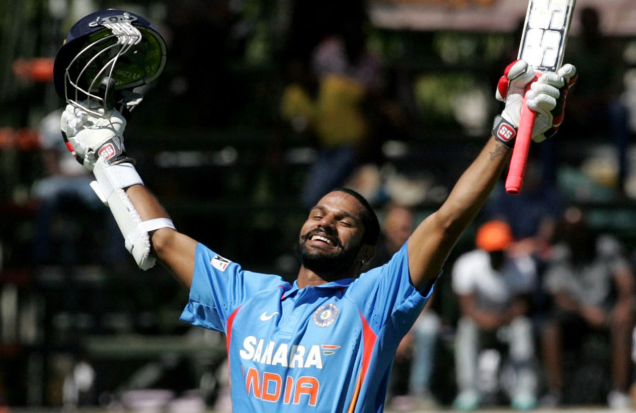 Shikhar Dhawan celebrates his century, Zimbabwe v India, 2nd ODI, Harare, July 26, 2013