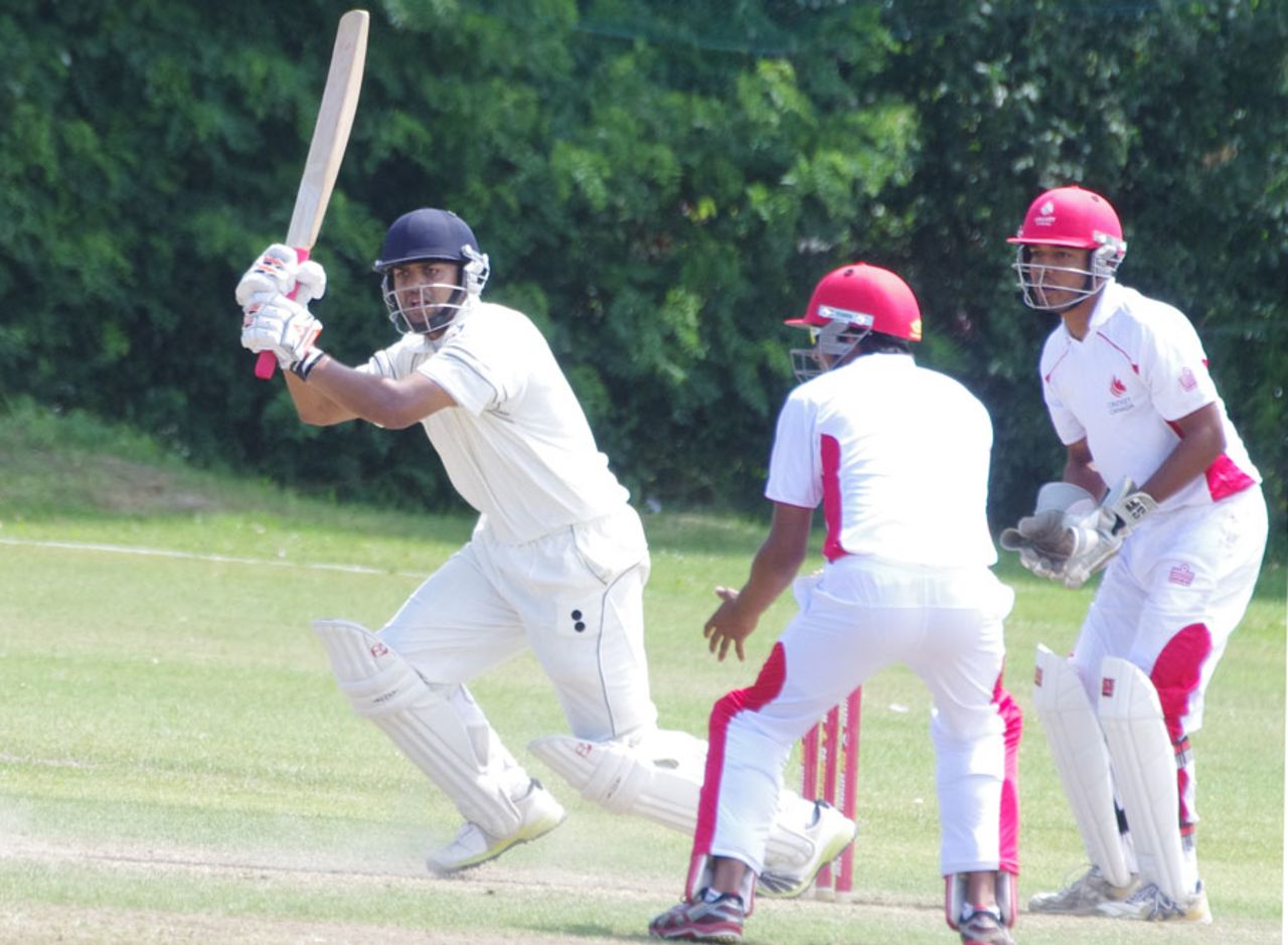 Ravi Timbawala plays a shot through the leg side, Canada v United States of America, Auty Cup 2013, 2nd day, King City, July 26, 2013