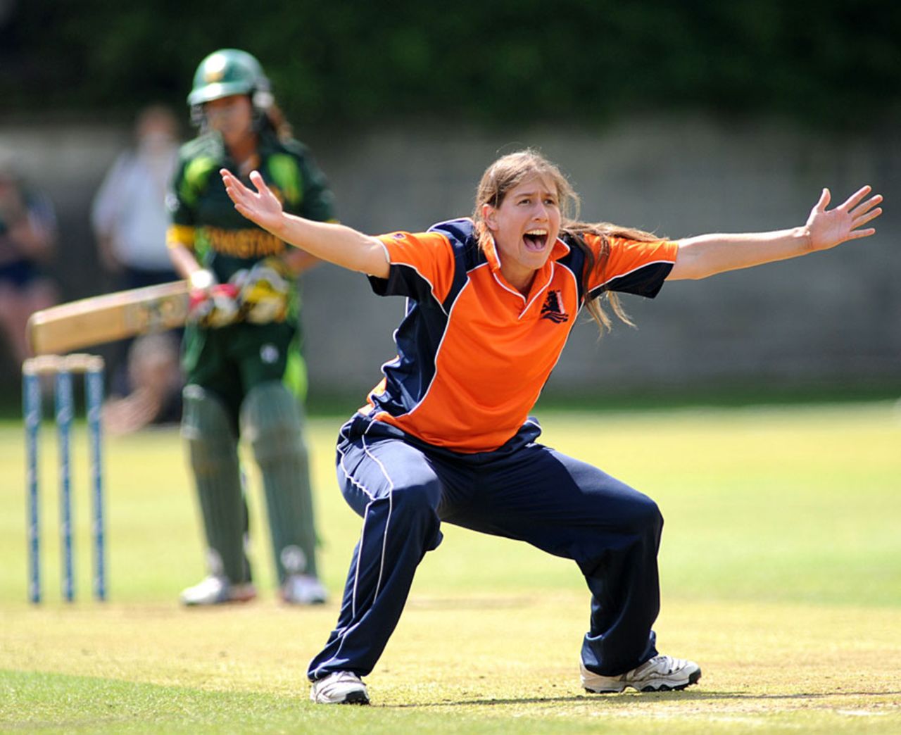 Esther de Lange during an appeal, Pakistan Women v Netherlands Women, ICC Women's World T20 Qualifiers, Group A, Dublin, July 27, 2013