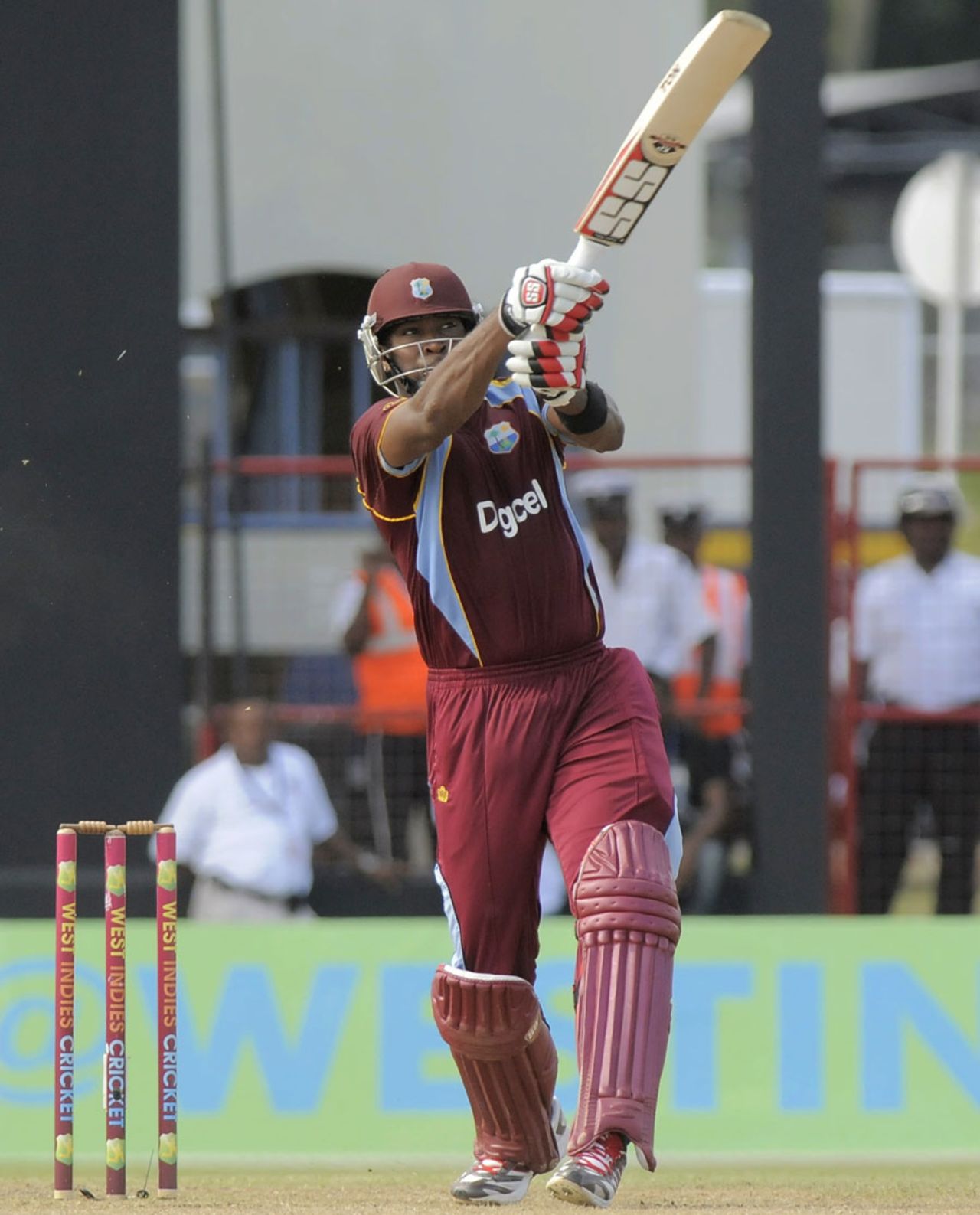 Kieron Pollard lofts the ball straight down the ground, West Indies v Pakistan, 1st T20I, St Vincent, July 27, 2013