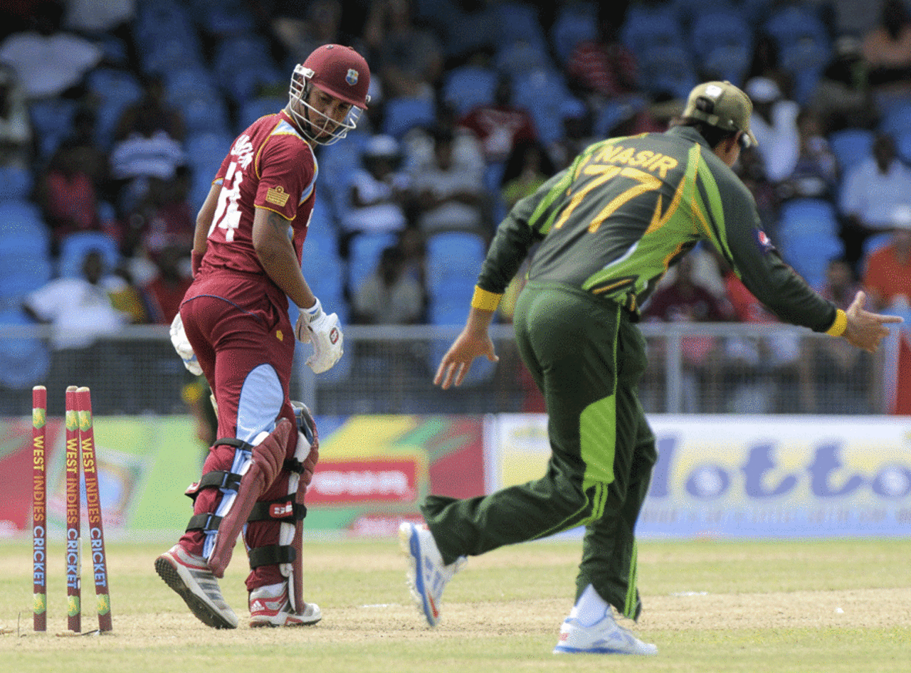 Lendl Simmons looks on after being bowled by Zulfiqar Babar, West Indies v Pakistan, 1st T20I, St Vincent, July 27, 2013