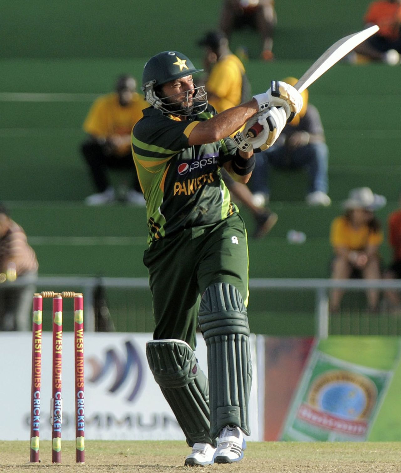 Shahid Afridi pulls the ball, West Indies v Pakistan, 1st T20I, St Vincent, July 27, 2013