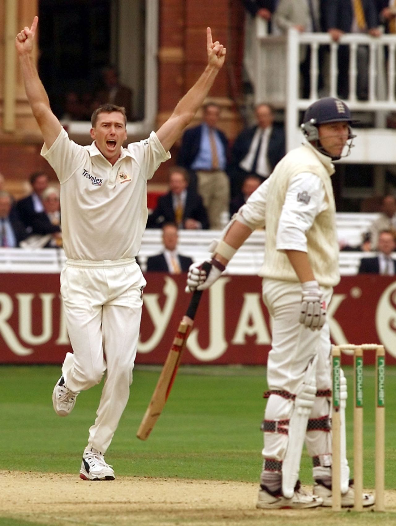 Glenn McGrath traps Michael Atherton leg before for 37, England v Australia, 2nd Test, Lord's, 1st day, July 19, 2001