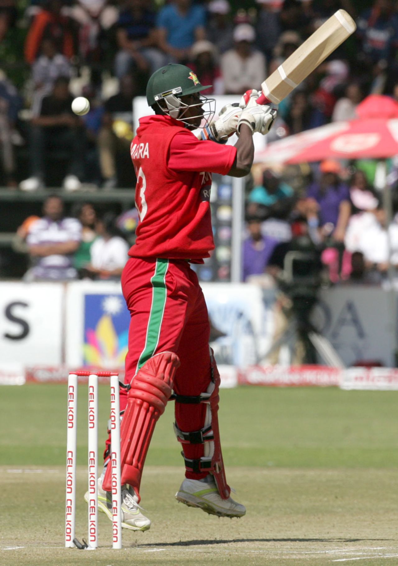 Tendai Chatara tries to play a rising ball, Zimbabwe v India, 3rd ODI, Harare, July 28, 2013