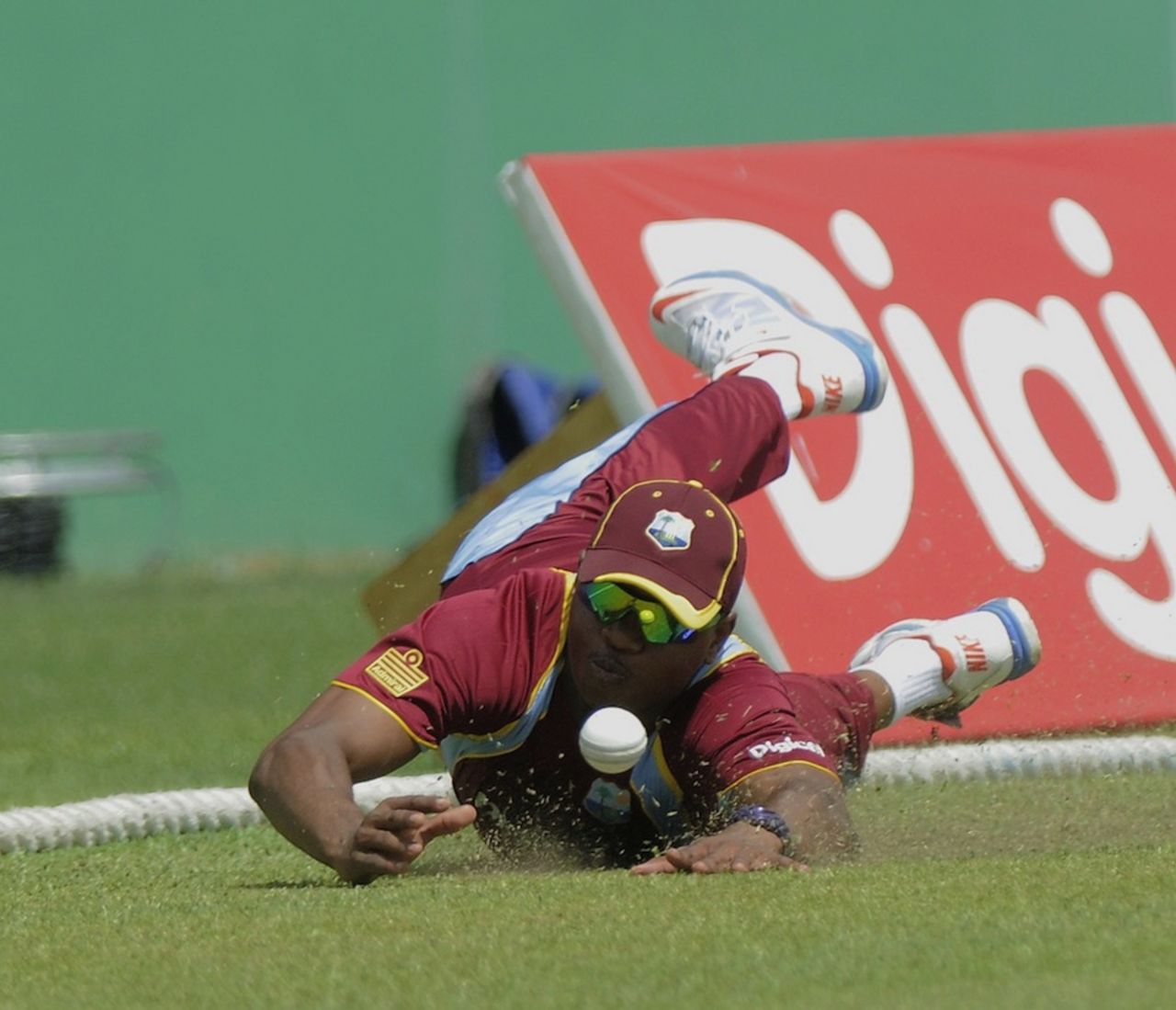 Christopher Barnwell prevents a boundary with a dive, West Indies v Pakistan, 2nd T20I, St Vincent, July 28, 2013