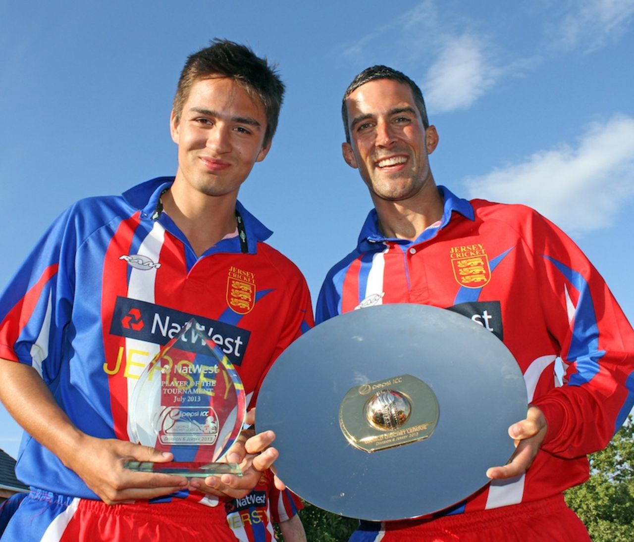 Ben Stevens and Peter Gough pose with the trophies, Jersey v Vanuatu, ICC World Cricket League Division Six, St Martin, July 28, 2013