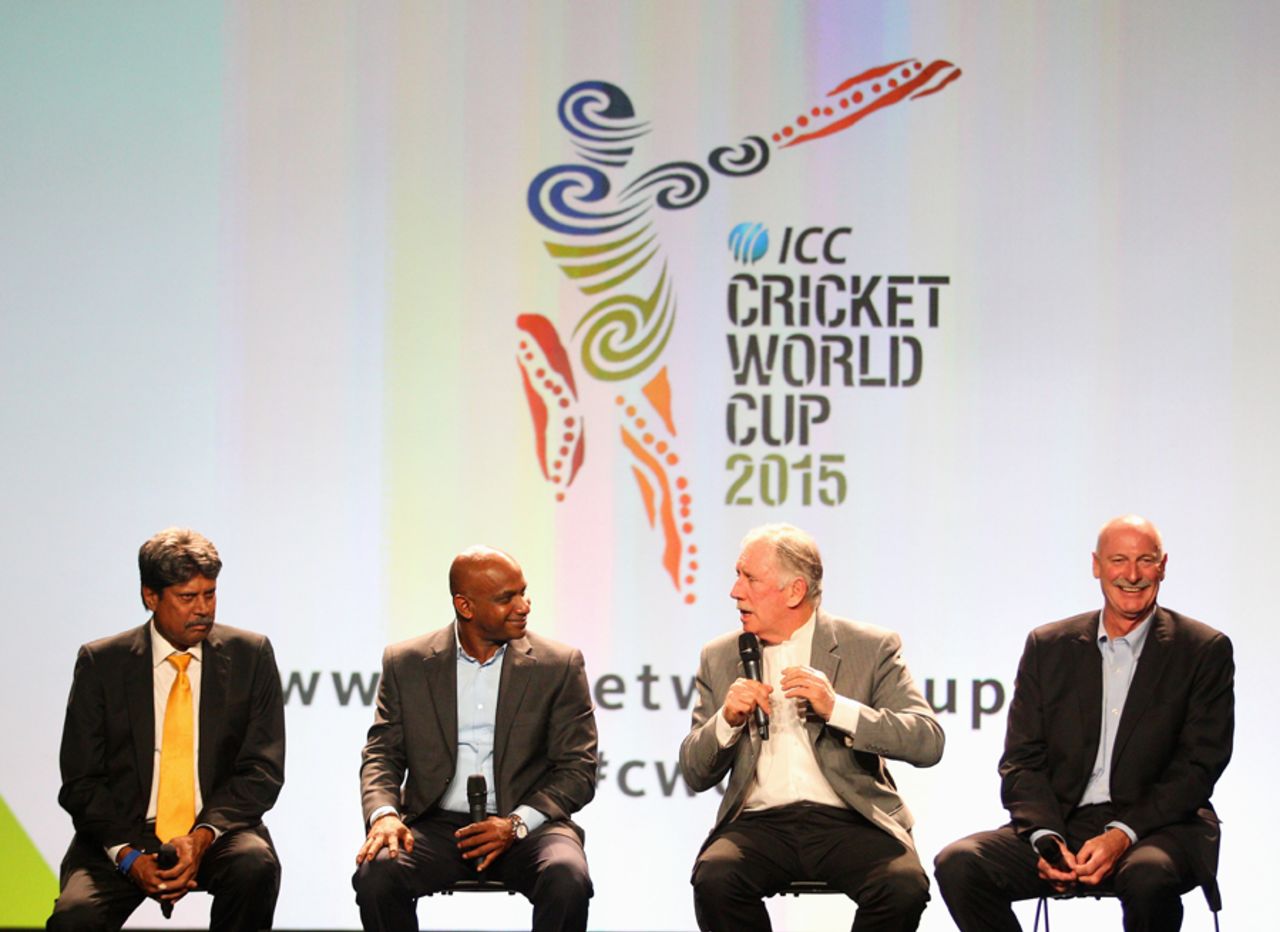Kapil Dev, Sanath Jayasuriya, Ian Chappell and Dennis Lillee chat at the unveiling of the World Cup groups, Melbourne, July 30, 2013