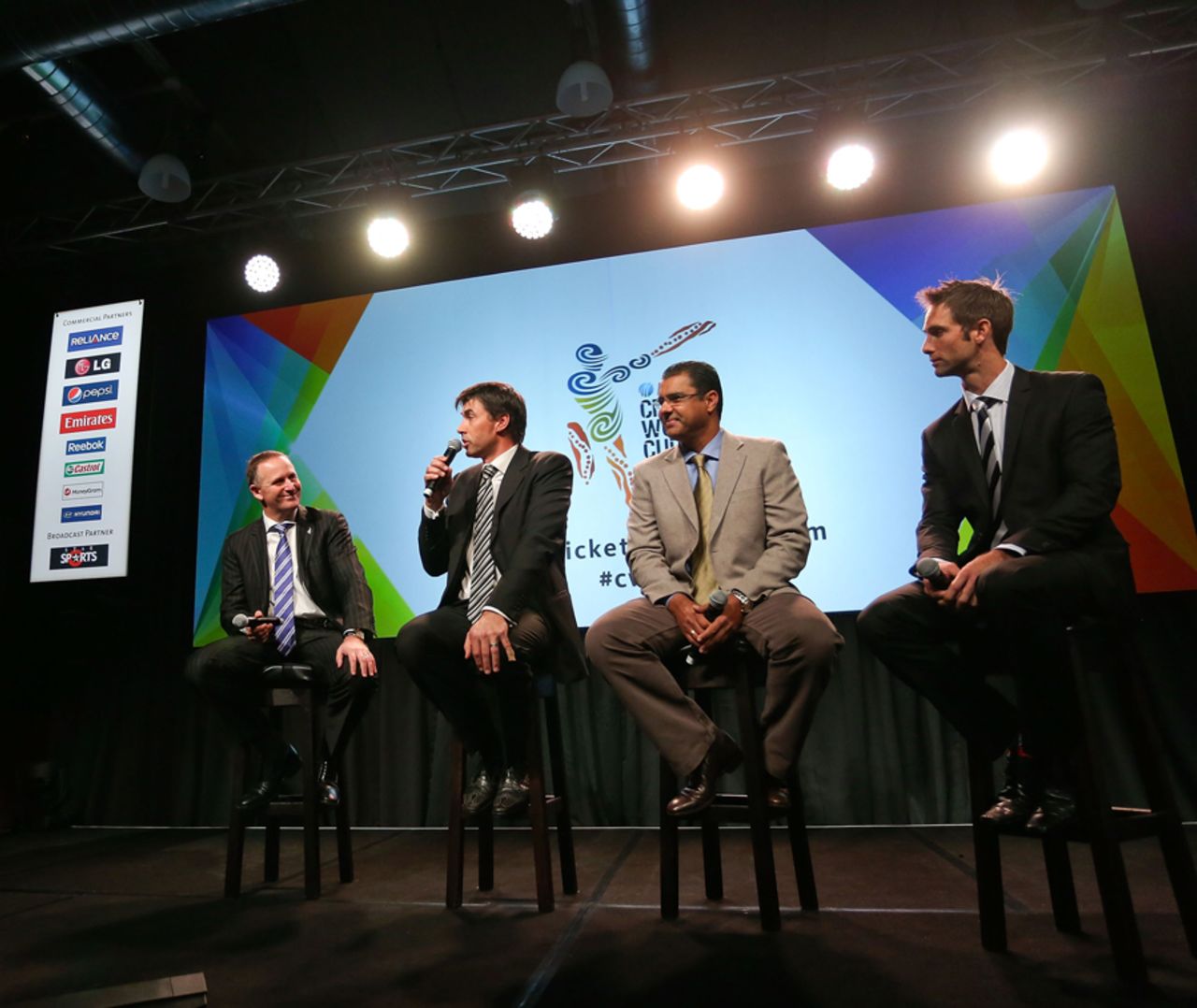 New Zealand PM John Key, Stephen Fleming, Waqar Younis and Grant Elliott chat at the unveiling of the 2015 World Cup groups, Wellington, July 30, 2013