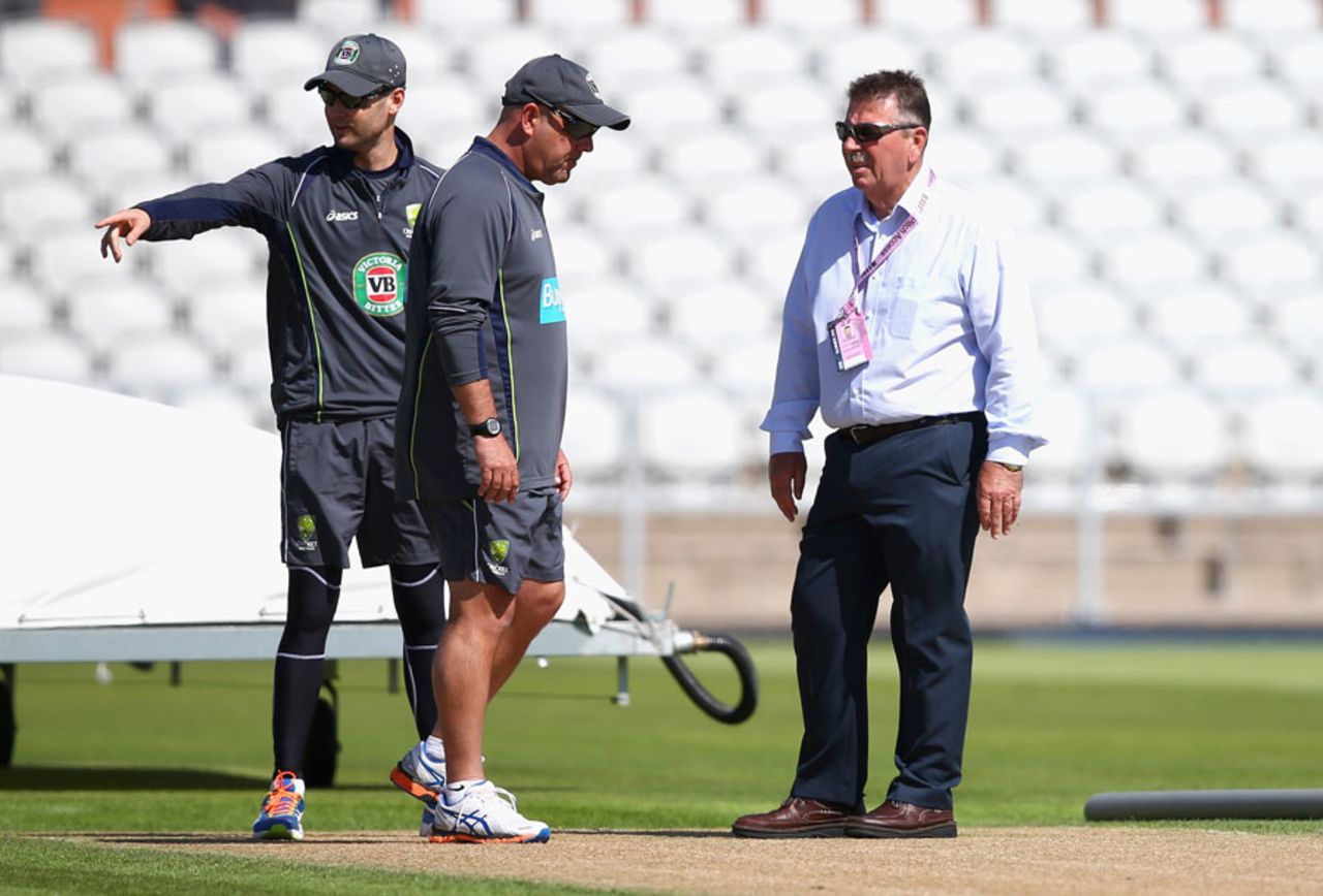 Rod Marsh, Michael Clarke and Darren Lehmann at a practice session, Old Trafford, Manchester, July 30, 2013