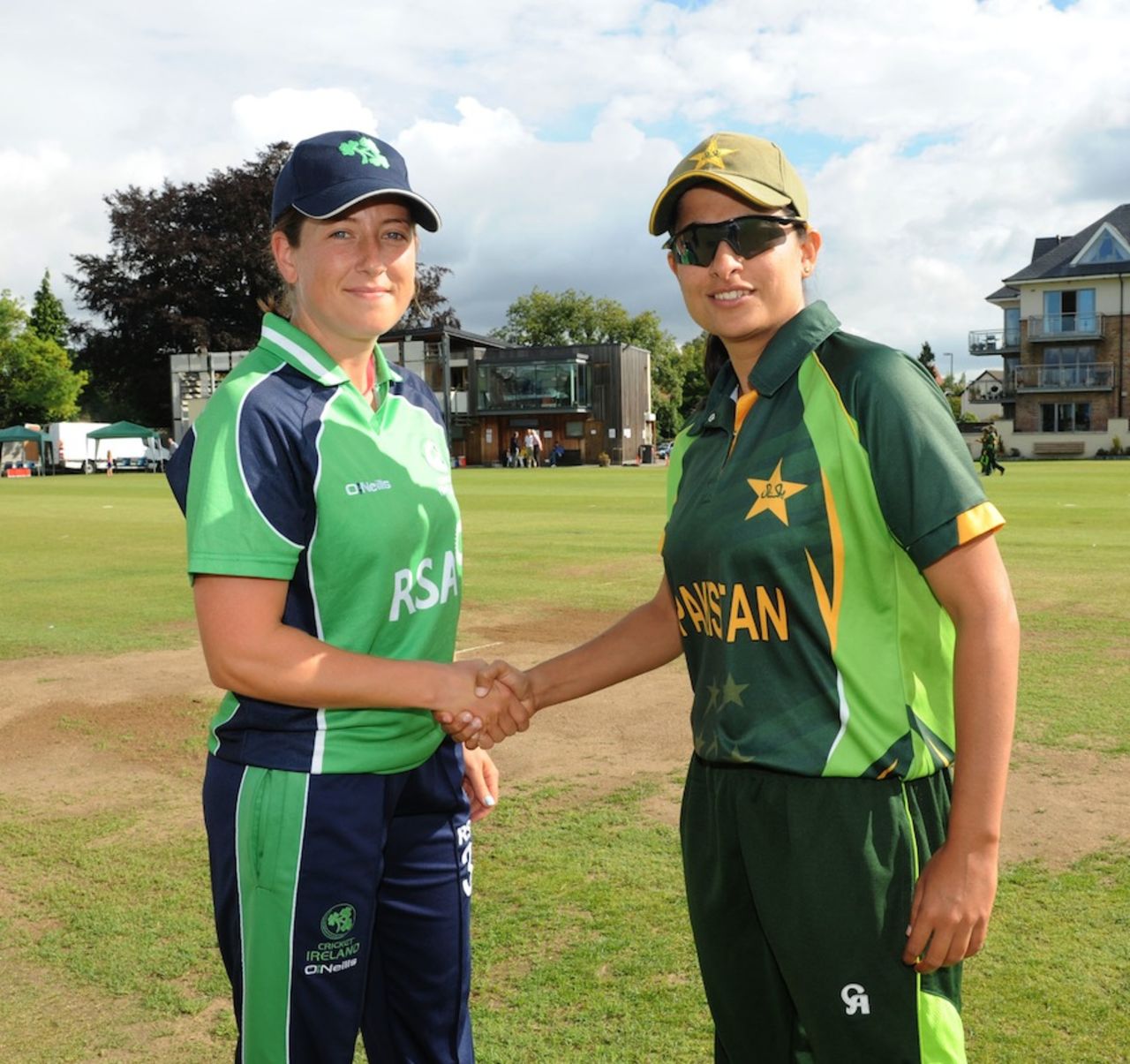 Captains Isobel Joyce and Sana Mir before the match, Ireland Women v Pakistan Women, ICC Women's World Twenty20 Qualifiers, 1st semi-final, Dublin, July 29, 2013