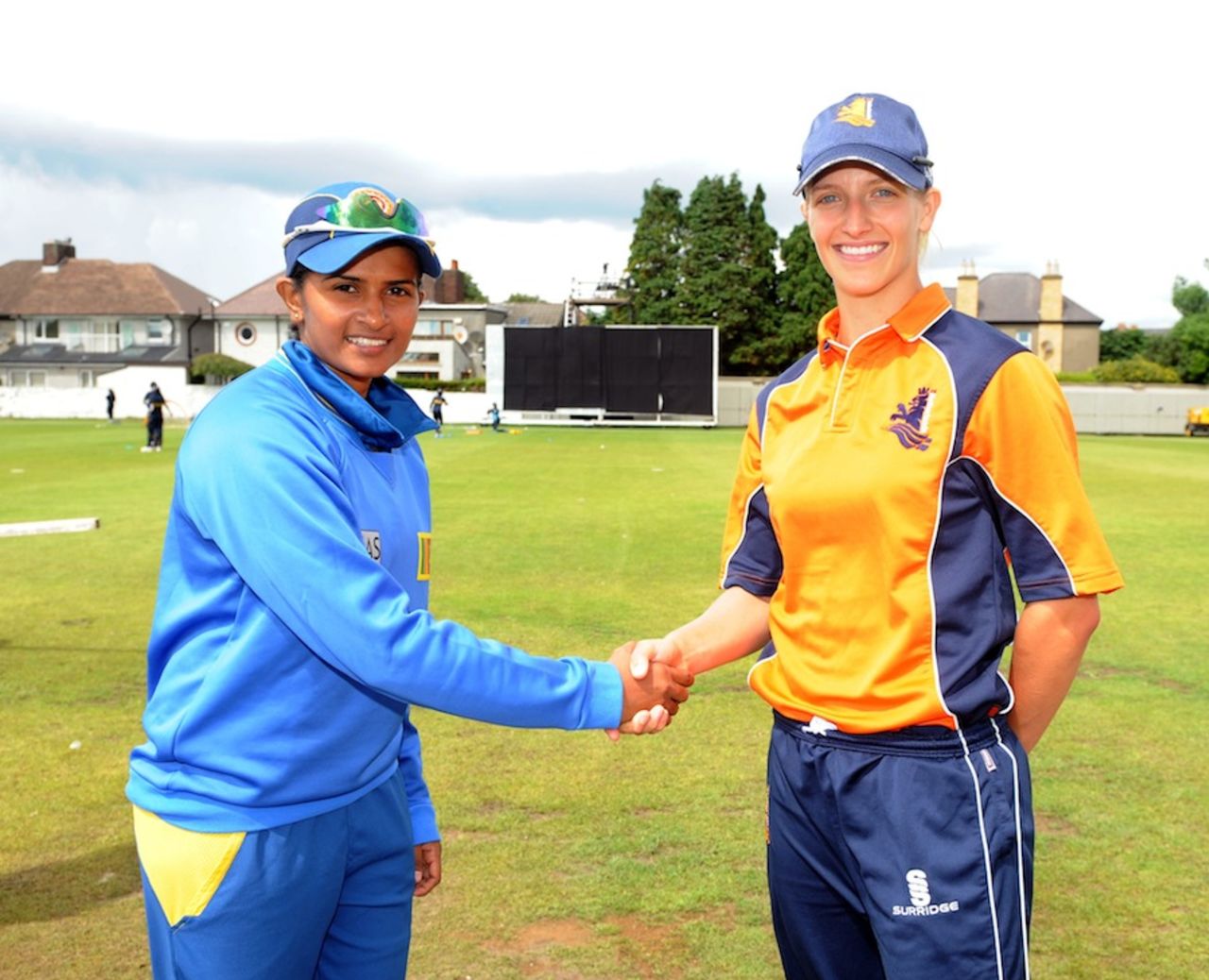 Captains Shashikala Siriwardene and Denise Hannema during the toss, Netherlands Women v Sri Lanka Women, ICC Women's World Twenty20 Qualifiers, 2nd semi-final, Dublin, July 29, 2013