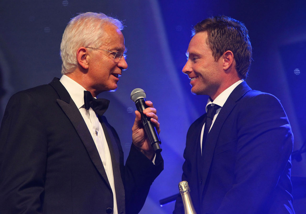 Ian Bell (right) receives an award for the England FTI MVP of the Summer from David Gower, NatWest PCA Awards Dinner 2012, London, September 20, 2012