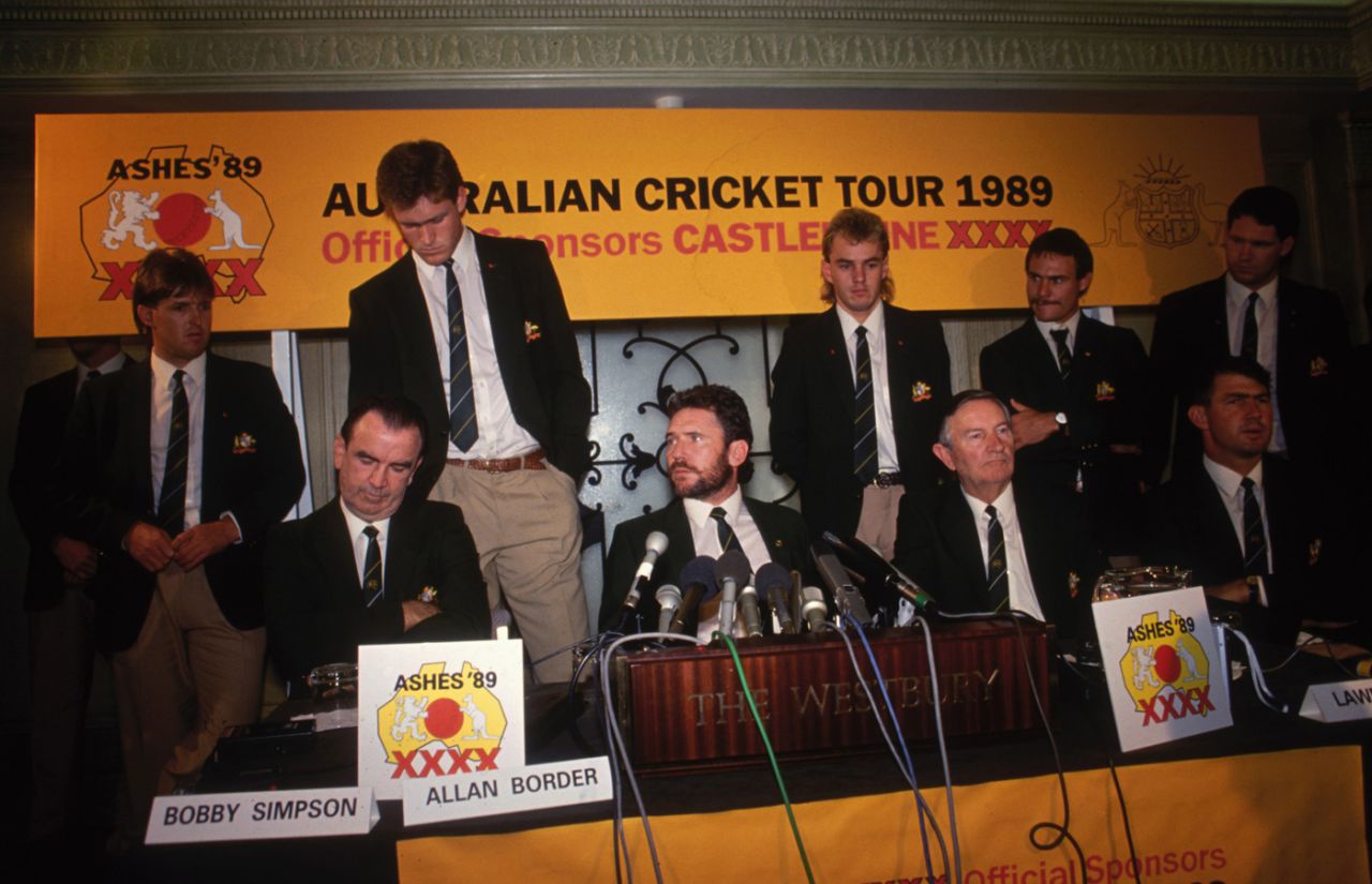 Australia's coach Bob Simpson and captain Allan Border attend an Ashes press conference, London, 1989