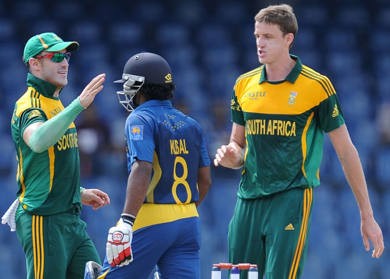 Faf du Plessis and Morne Morkel celebrate Kusal Perera's wicket, Sri Lanka v South Africa, 5th ODI, Colombo, July 31, 2013