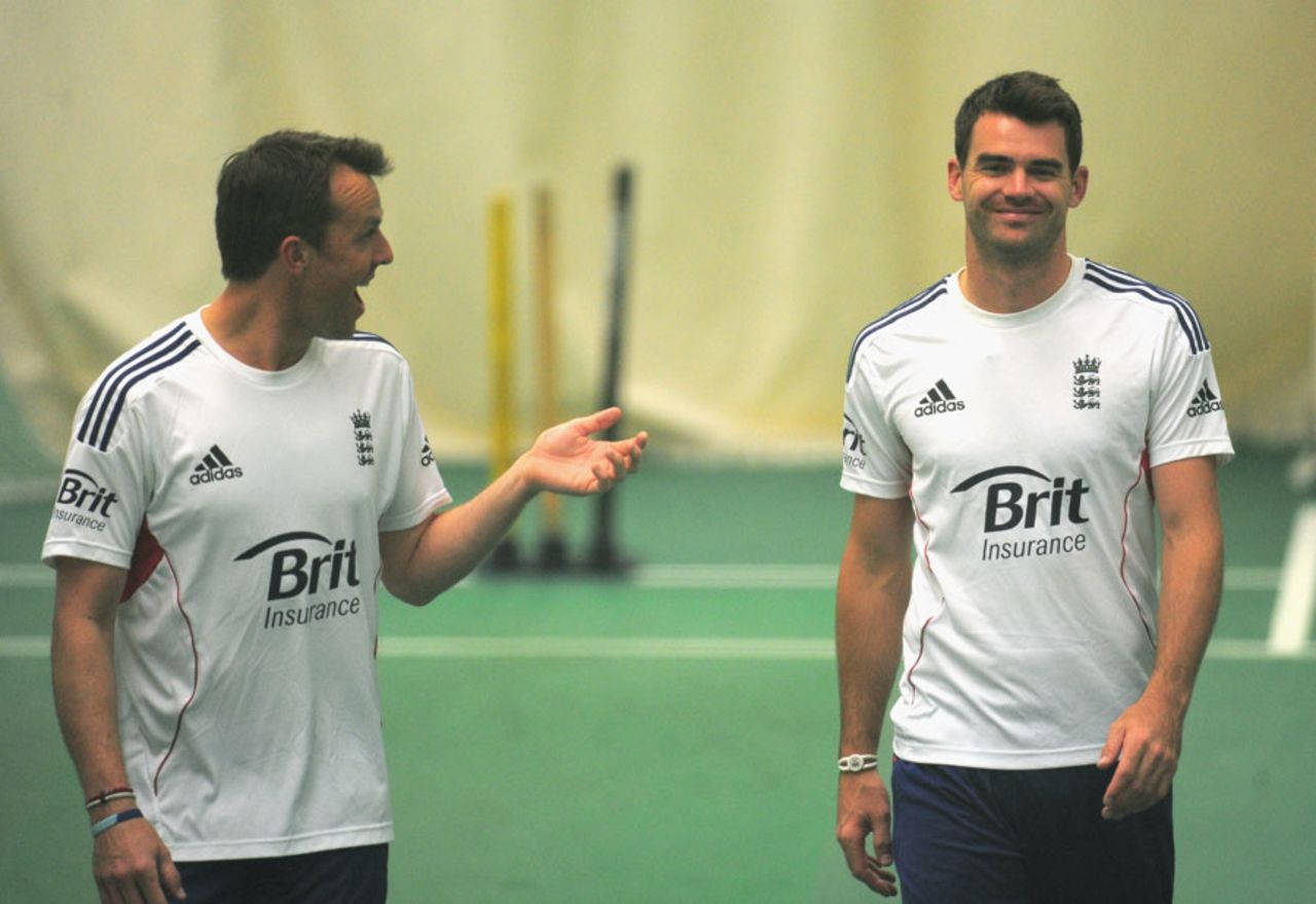 Graeme Swann and James Anderson share a laugh in the nets, England v Australia, 3rd Investec Test, Old Trafford, July 31, 2013