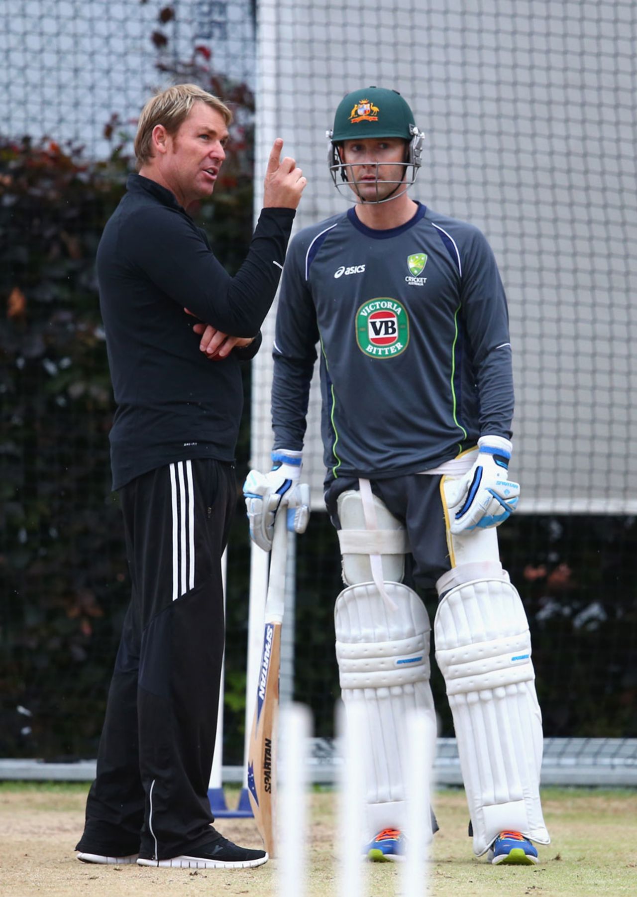 Shane Warne chats with Michael Clarke during Australia practice, England v Australia, 3rd Investec Test, Old Trafford, July 31, 2013