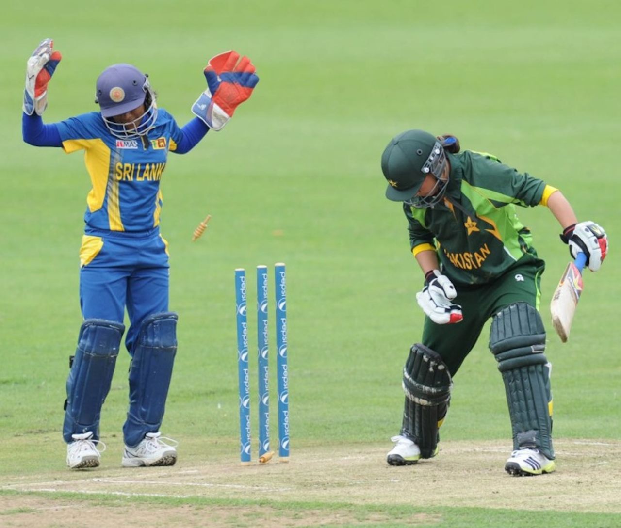Nahida Khan was bowled for 8, Pakistan Women v Sri Lanka Women, ICC Women's World Twenty20 Qualifier, final, Dublin, July 31, 2013