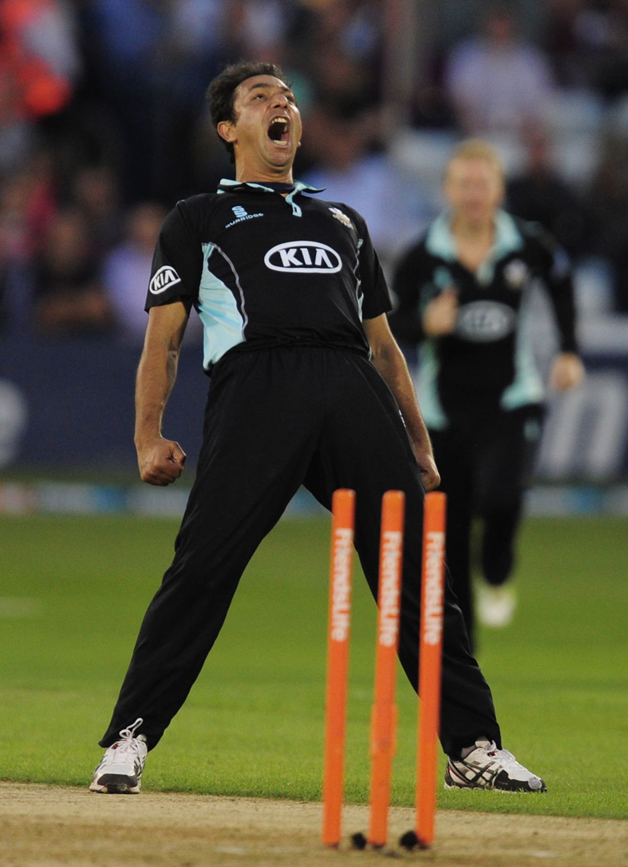 Azhar Mahmood celebrates exuberantly after taking a wicket, Essex v Surrey, FLt20 South Group, Chelmsford, July 31, 2013