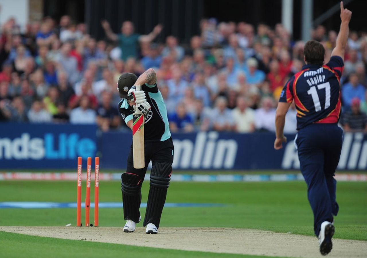 Jason Roy was bowled by Graham Napier, Essex v Surrey, FLt20 South Group, Chelmsford, July 31, 2013