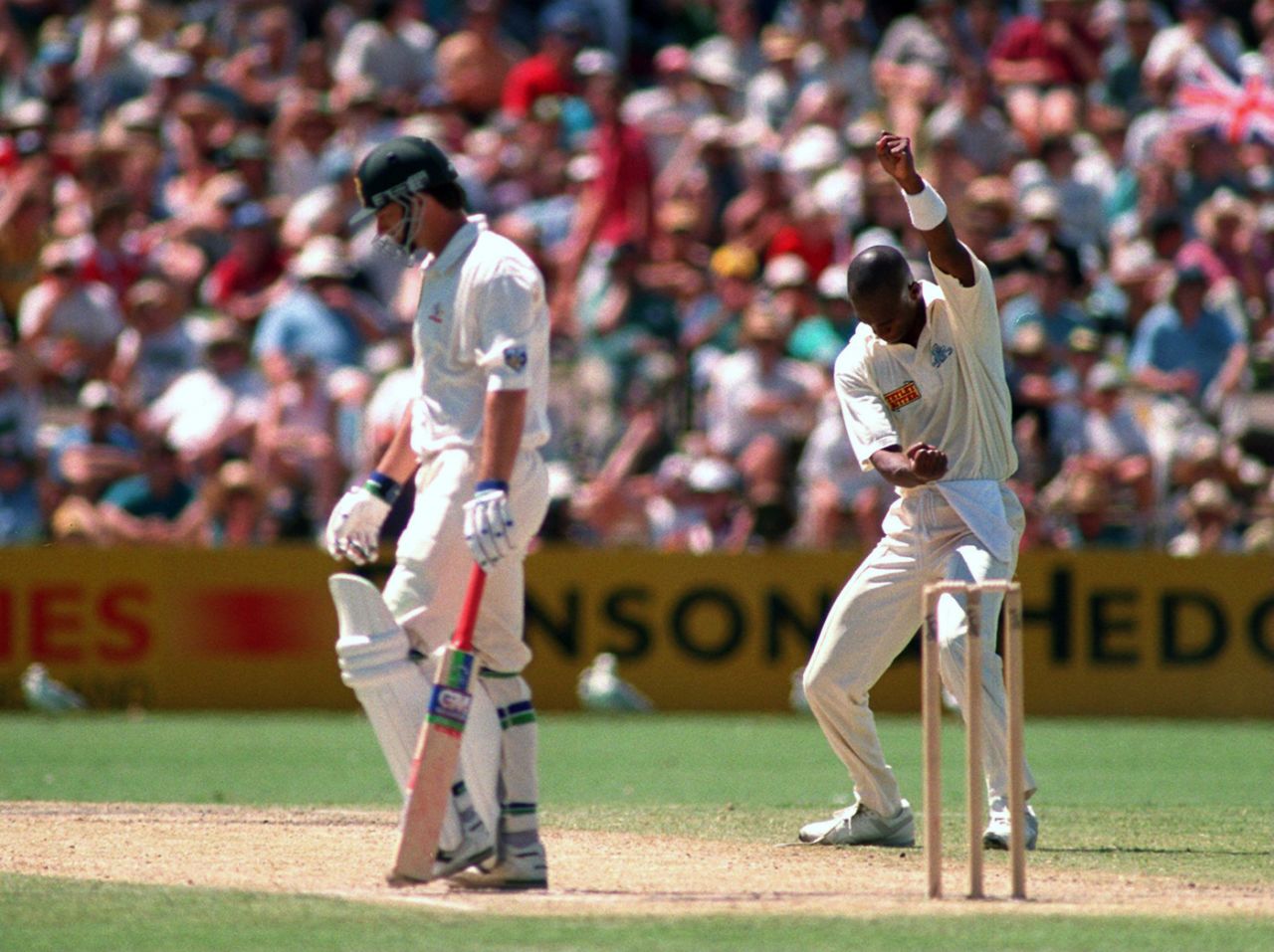 Chris Lewis celebrates the wicket of Steve Waugh, Australia v England, 4th Test, Adelaide, 3rd day, January 28, 1995