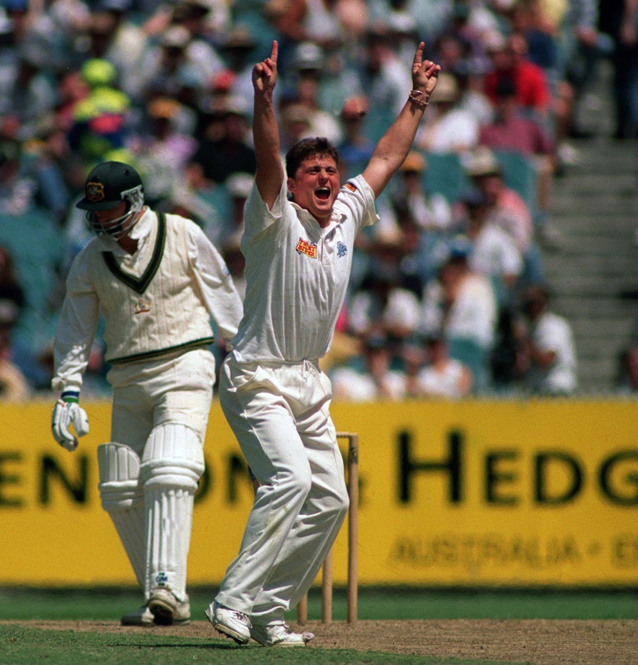Darren Gough appeals for Mark Waugh's wicket, Australia v England, 2nd Test, Melbourne, 1st day, December 24, 1994