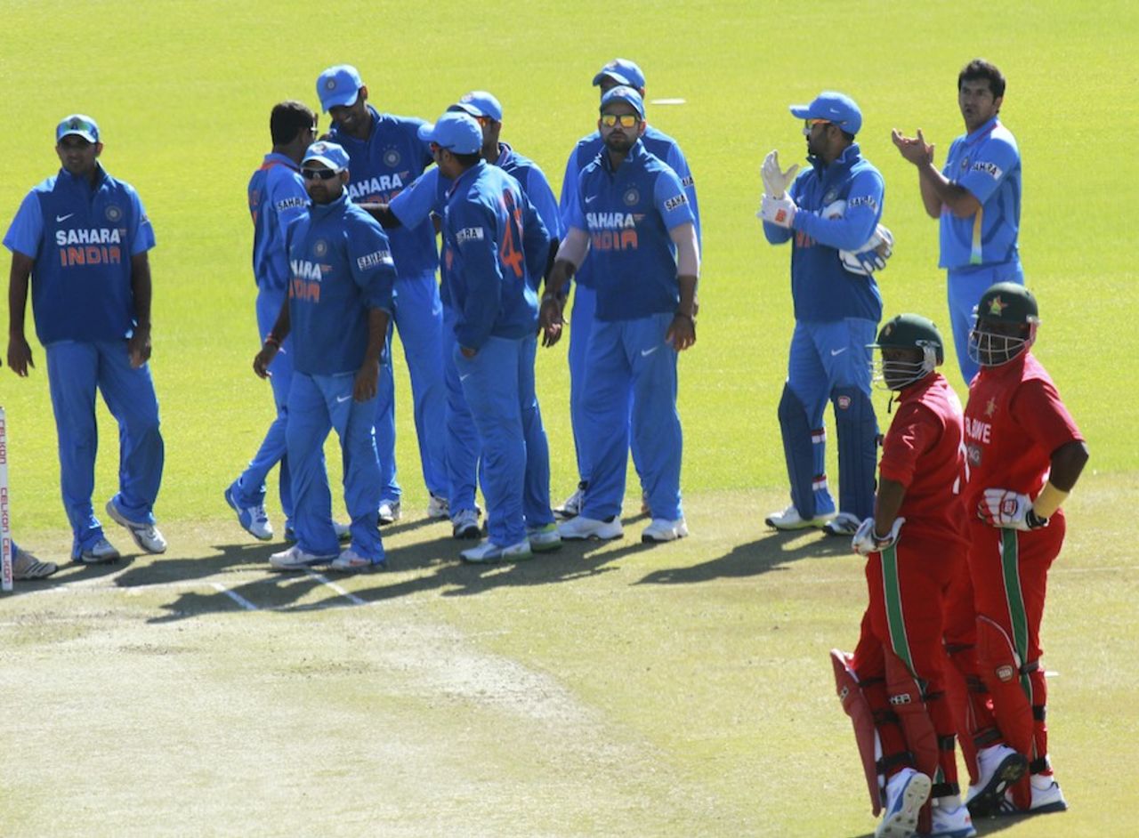 The Indians await the decision on a run-out against Hamilton Masakadza, Zimbabwe v India, 4th ODI, Bulawayo, August 1, 2013