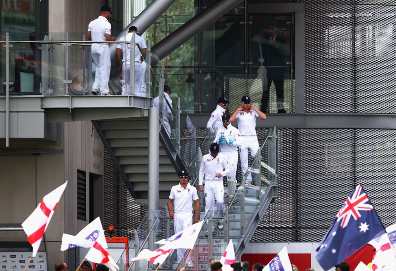The England team make their way down from the new dressing rooms, England v Australia, 3rd Investec Test, Old Trafford, 1st day, August 1, 2013