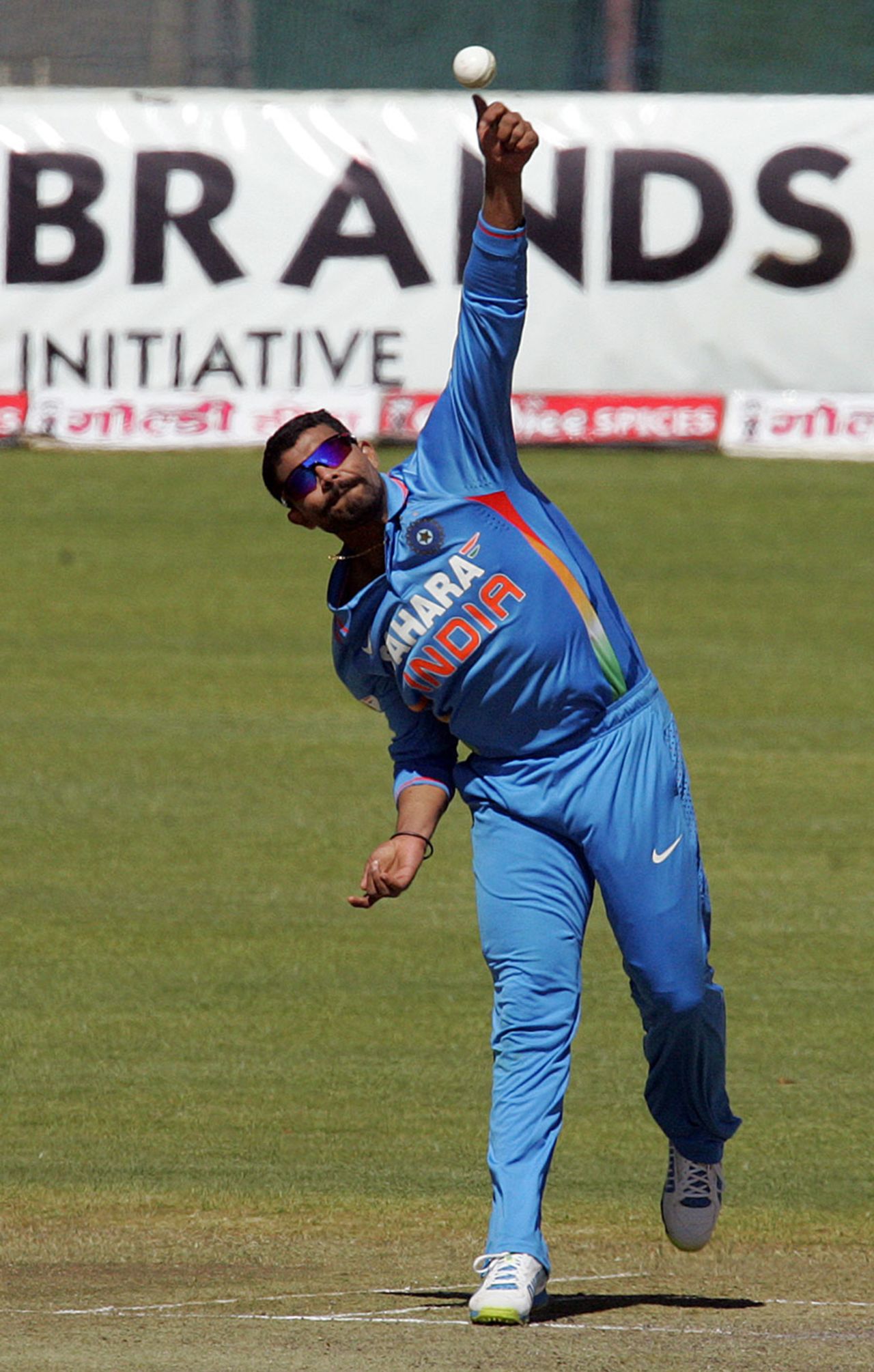 Ravindra Jadeja in his bowling stride, Zimbabwe v India, 4th ODI, Bulawayo, August 1, 2013