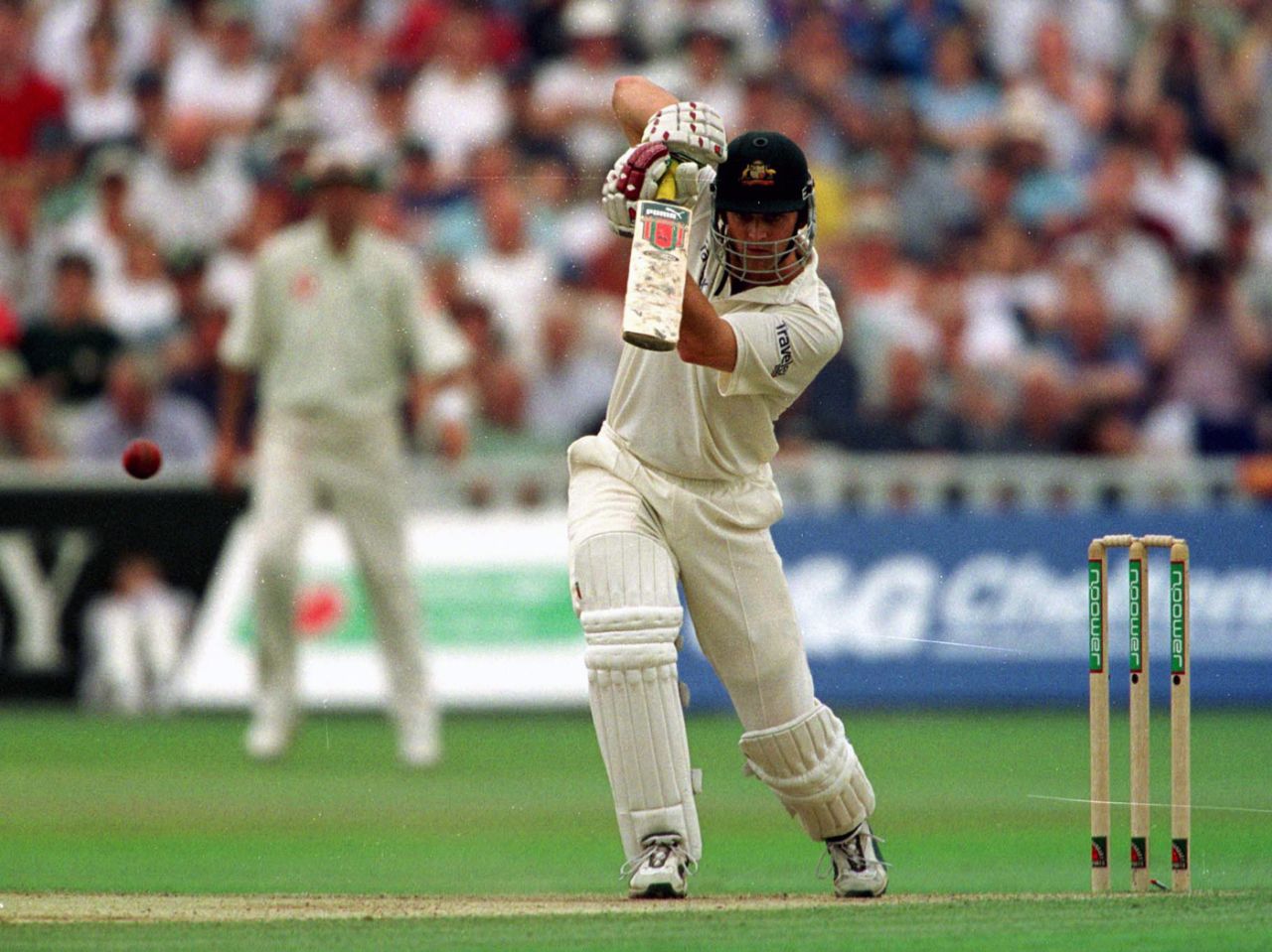 Adam Gilchrist drives on his way to 152, England v Australia, 1st Test, Edgbaston, 3rd day, July 7, 2001