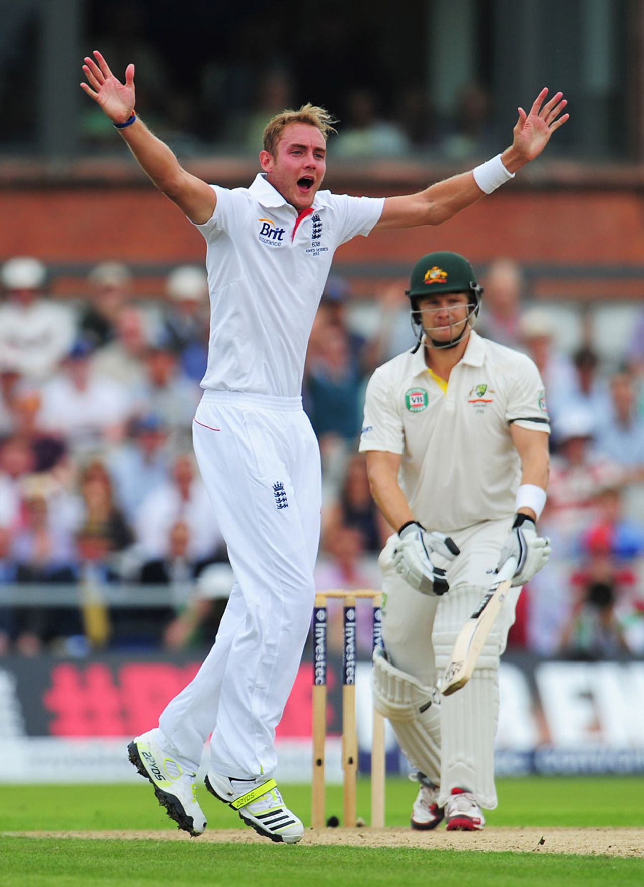Stuart Broad has an lbw shout against Shane Watson, England v Australia, 3rd Investec Test, Old Trafford, 1st day, August 1, 2013