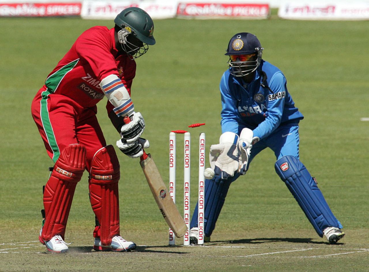 Brian Vitori's stumps are castled by Amit Mishra, Zimbabwe v India, 4th ODI, Bulawayo, August 1, 2013