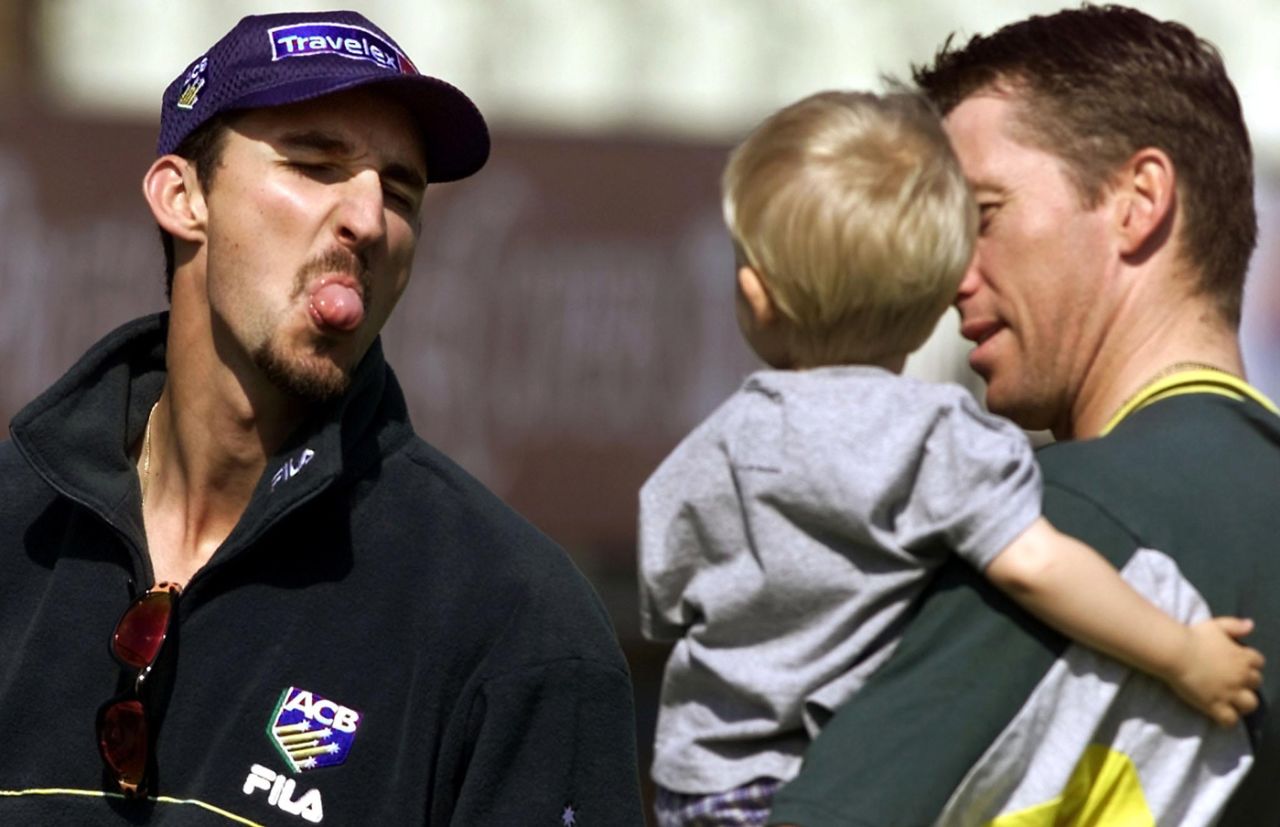 Jason Gillespie sticks his tongue out at Glenn McGrath's 17-month-old son James, Edgbaston, July 4, 2001