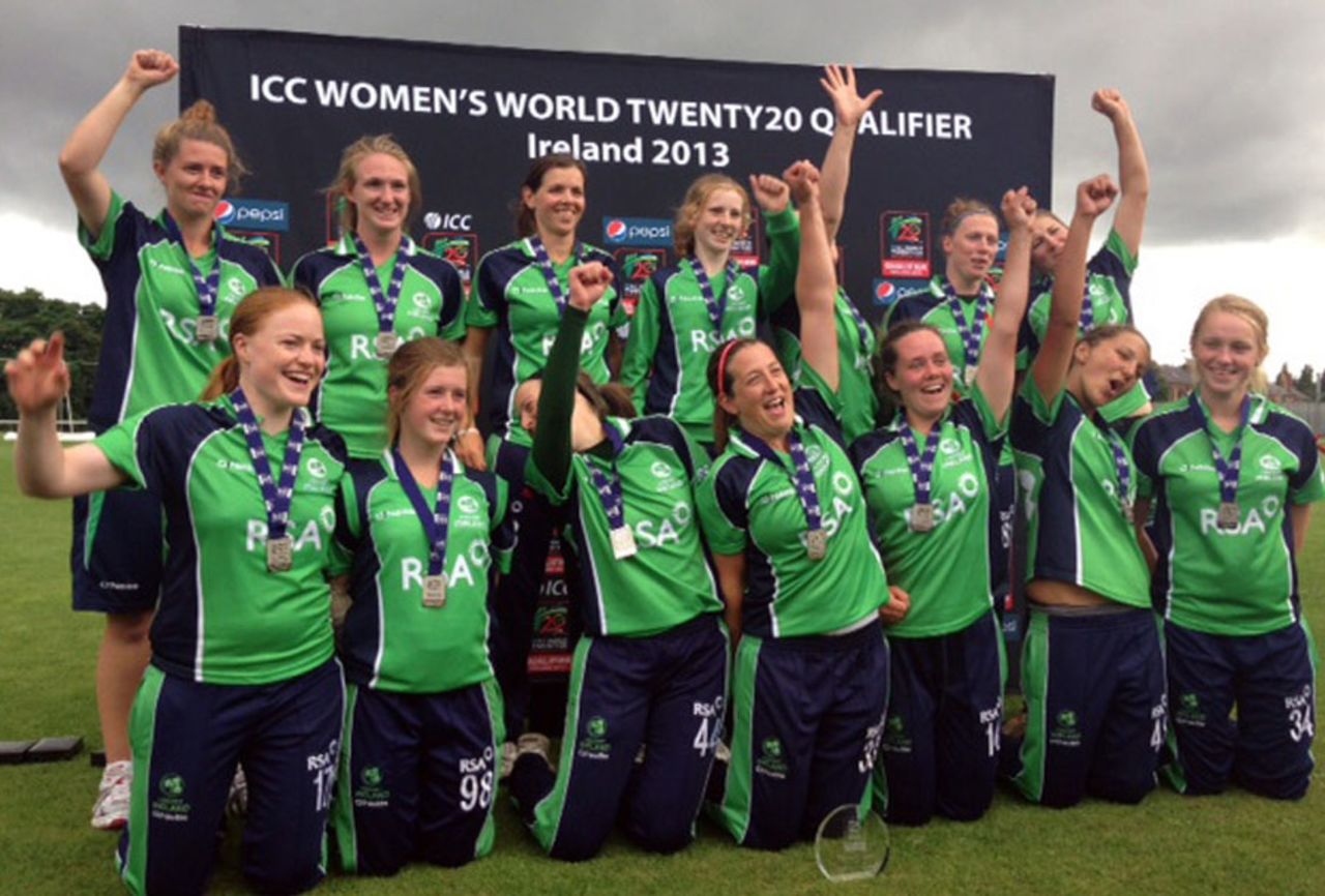 Ireland celebrate after qualifying for the 2014 World Twenty20, Ireland v Netherlands, ICC Women's World Twenty20 Qualifier, third-place playoff, Dublin, August 1, 2013