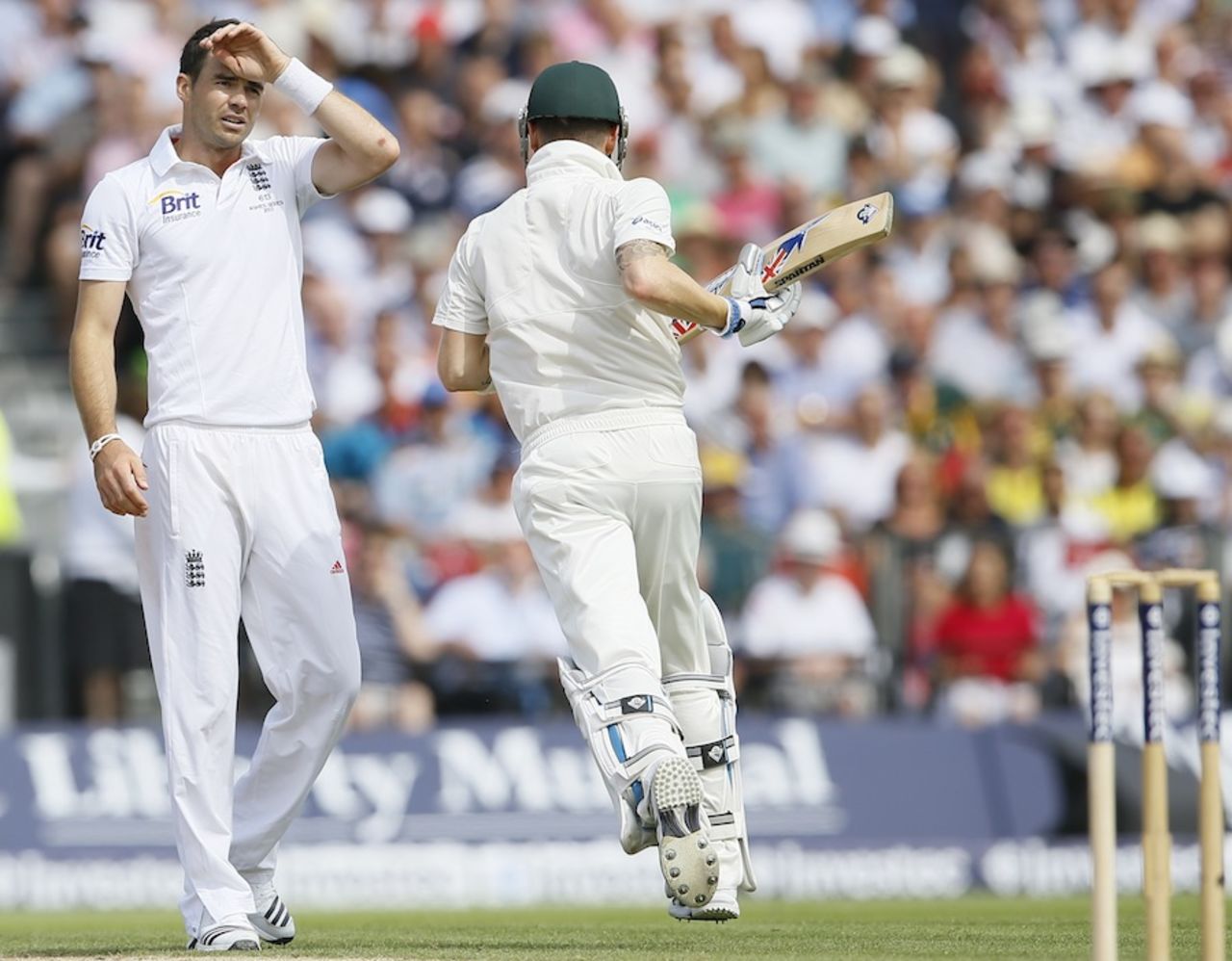 James Anderson continues to toil on the second morning, England v Australia, 3rd Investec Test, Old Trafford, 2nd day, August 2, 2013