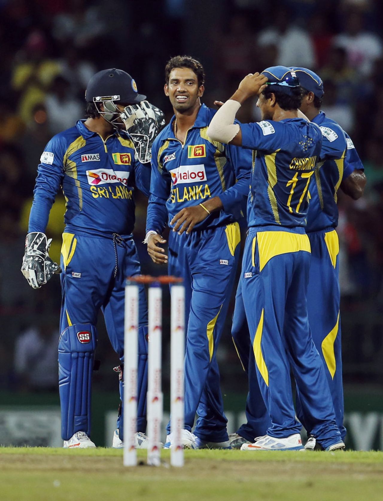 Sachithra Senanayake is congratulated after dismissing Faf du Plessis, Sri Lanka v South Africa, 1st T20, Colombo, August 2, 2013