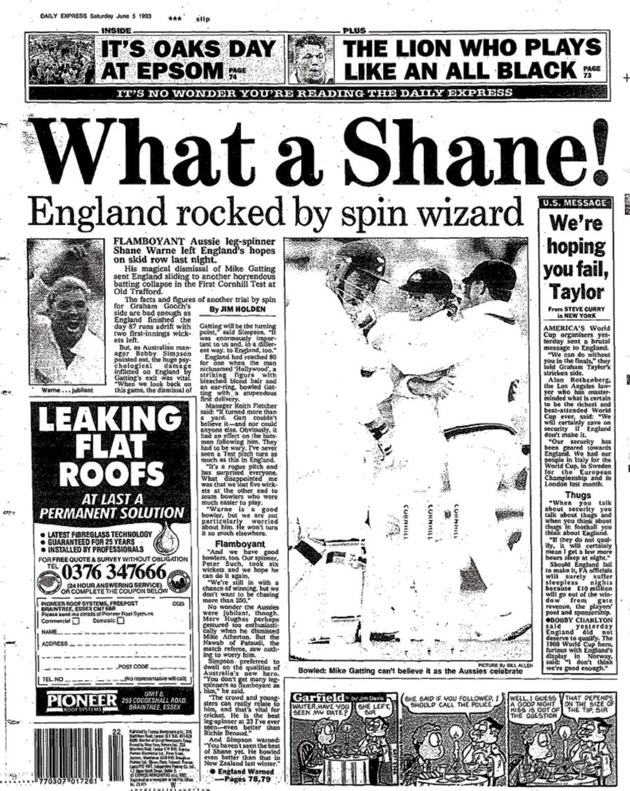The newspapers the day Shane Warne's Ashes debut, England v Australia, 1st Test, Old Trafford, June 4, 1993