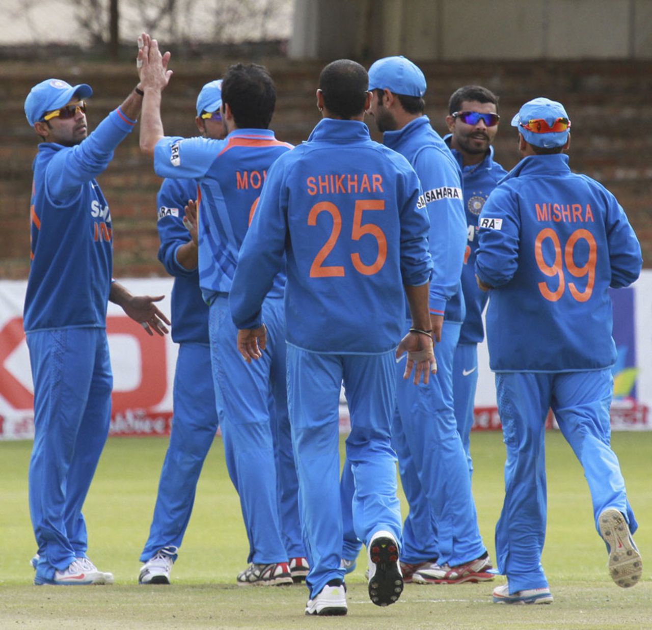 The Indian players celebrate the wicket of Hamilton Masakadza, Zimbabwe v India, 5th ODI, Bulawayo, August 3, 2013