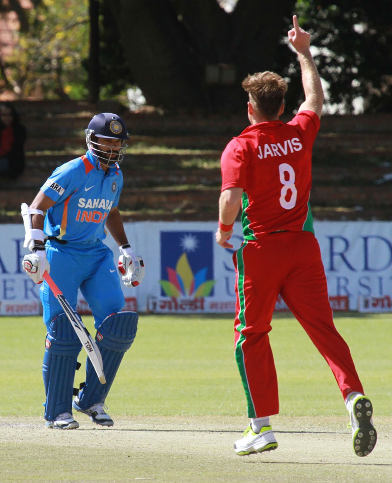 Kyle Jarvis signals the end of Shikhar Dhawan, Zimbabwe v India, 5th ODI, Bulawayo, August 3, 2013
