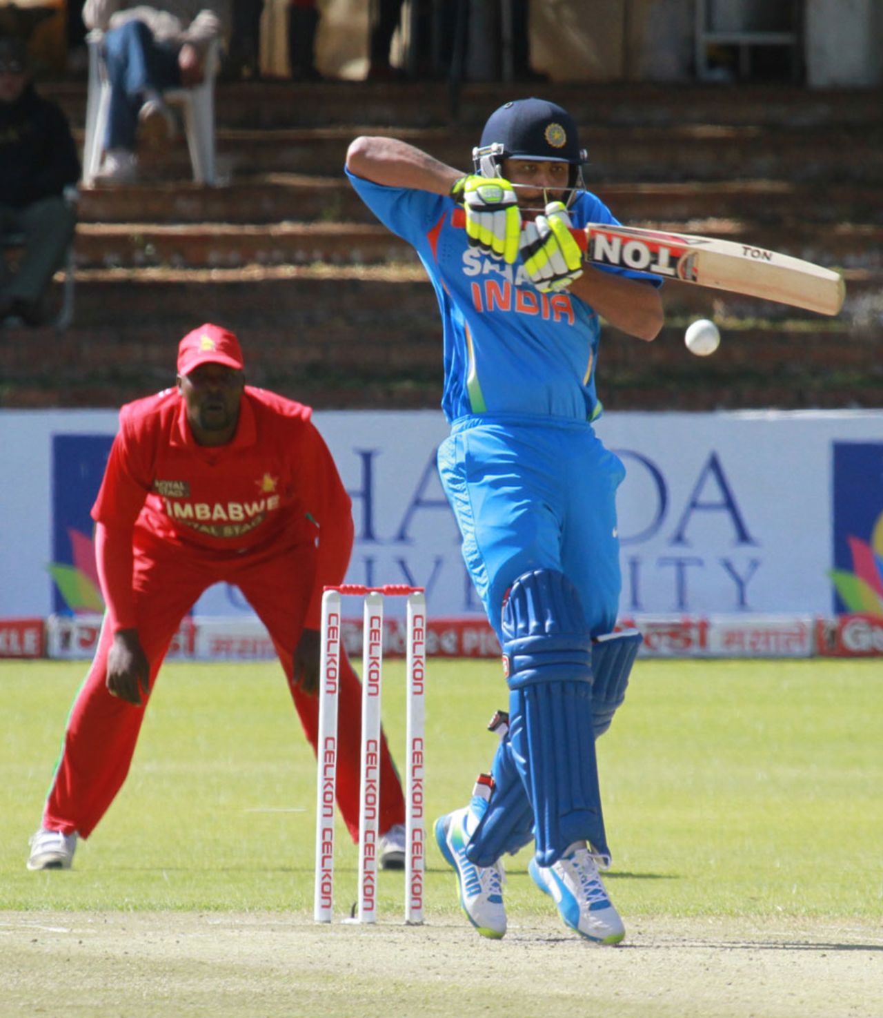 Ravindra Jadeja tackles a short ball, Zimbabwe v India, 5th ODI, Bulawayo, August 3, 2013