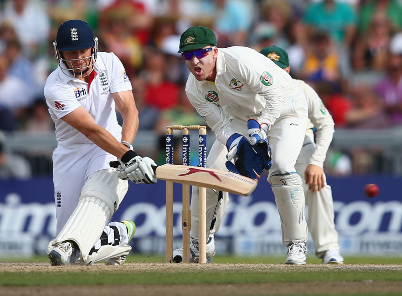 Jonny Bairstow sweeps Nathan Lyon, England v Australia, 3rd Investec Test, Old Trafford, 3rd day, August 3, 2013