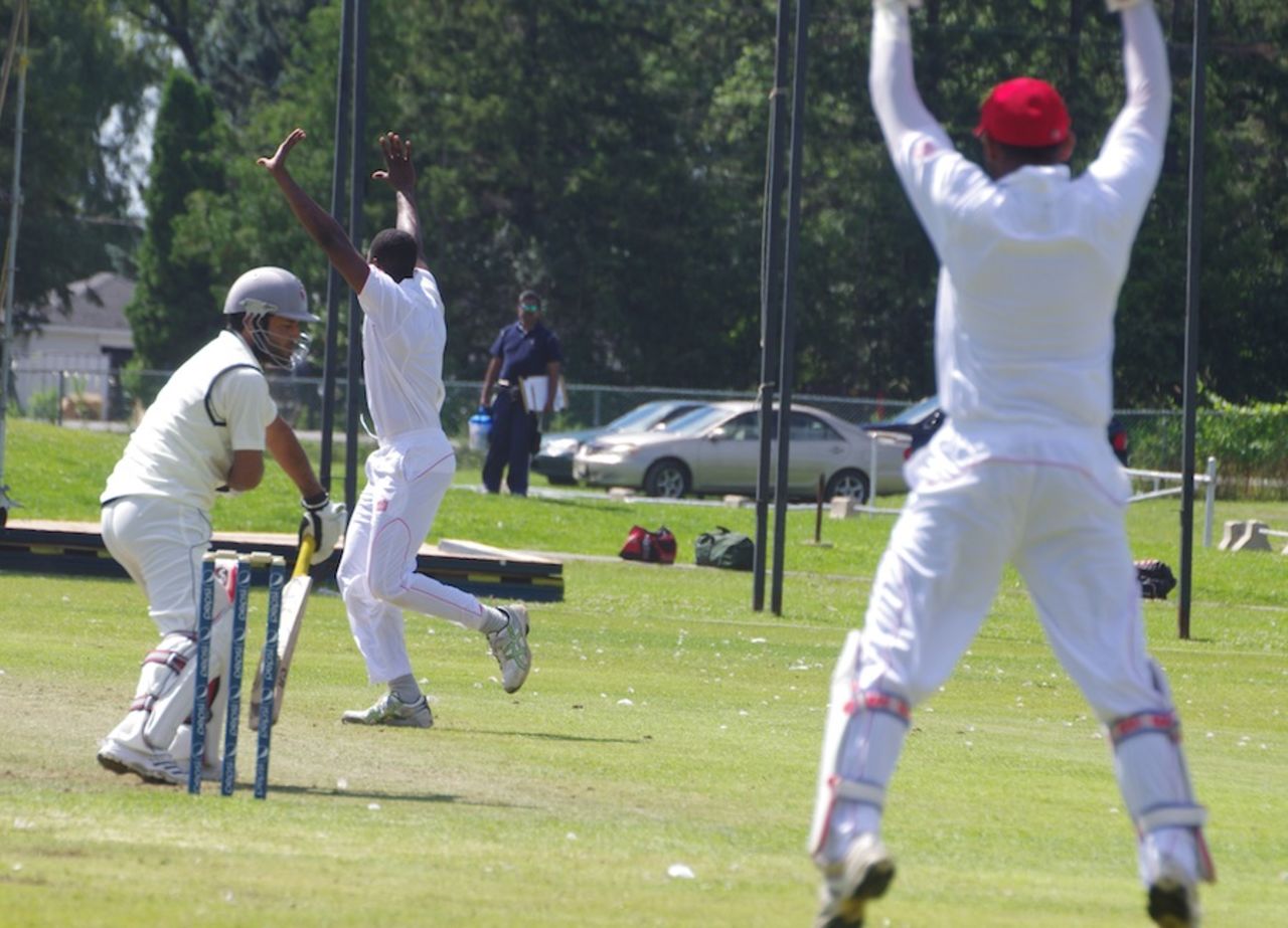 Jeremy Gordon dismisses Mohammad Naveed to complete his hat-trick, Canada v United Arab Emirates, ICC Intercontinental Cup, 3rd day, August 3, 2013