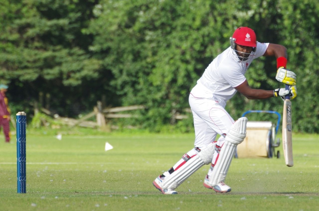 Damodar Daesrath steers the ball on the off side, Canada v United Arab Emirates, ICC Intercontinental Cup, 3rd day, King City, August 3, 2013