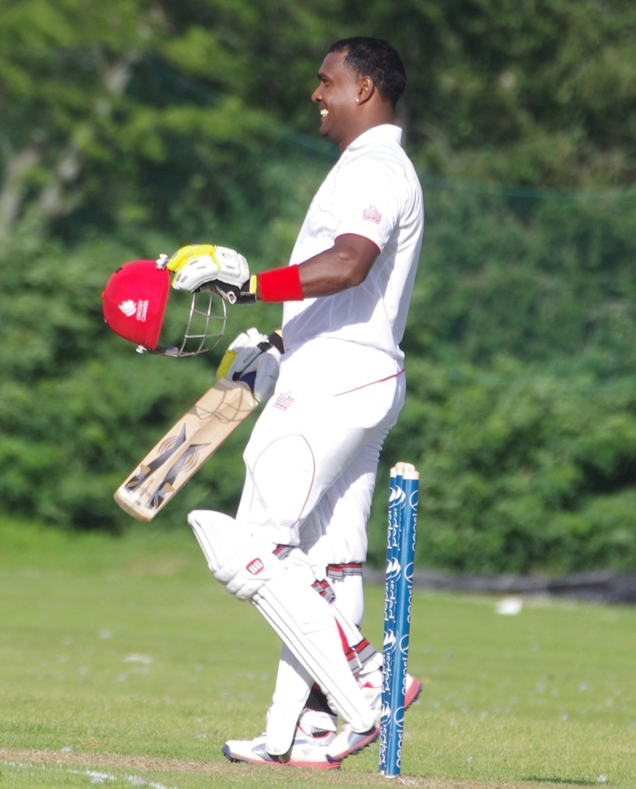 Damodar Daesrath celebrates his hundred, Canada v United Arab Emirates, ICC Intercontinental Cup, 3rd day, King City, August 3, 2013