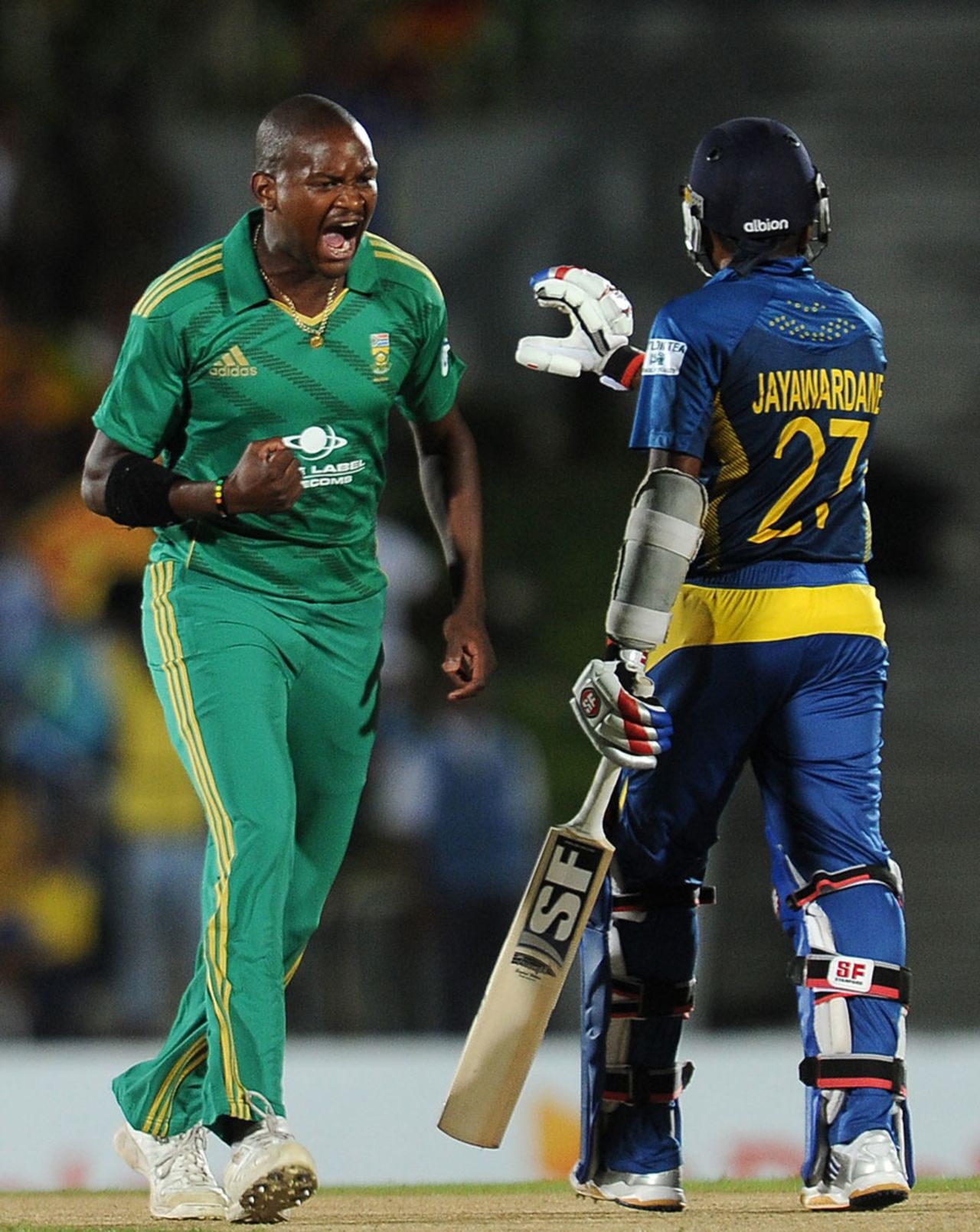 Lonwabo Tsotsobe is pumped up after dismissing Mahela Jayawardene, Sri Lanka v South Africa, 2nd T20I, Hambantota, August 4, 2013