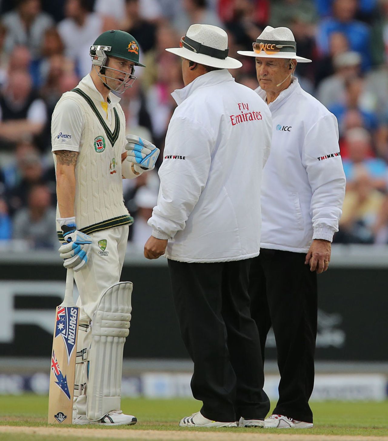 Michael Clarke chats animatedly with the umpires, England v Australia, 3rd Investec Test, Old Trafford, 4th day, August 4, 2013