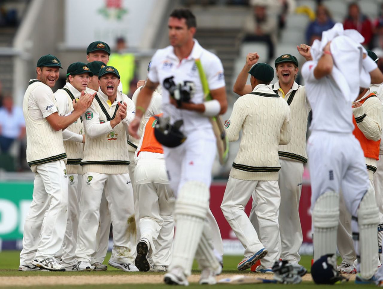 The Australian players are elated with the dismissal of Kevin Pietersen, England v Australia, 3rd Investec Test, Old Trafford, 5th day, August 5, 2013