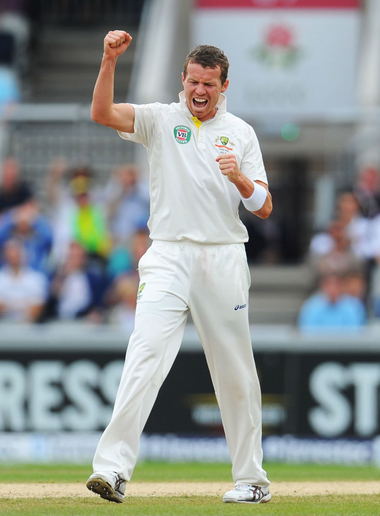 Peter Siddle celebrates Kevin Pietersen's wicket, England v Australia, 3rd Investec Test, Old Trafford, 5th day, August 5, 2013