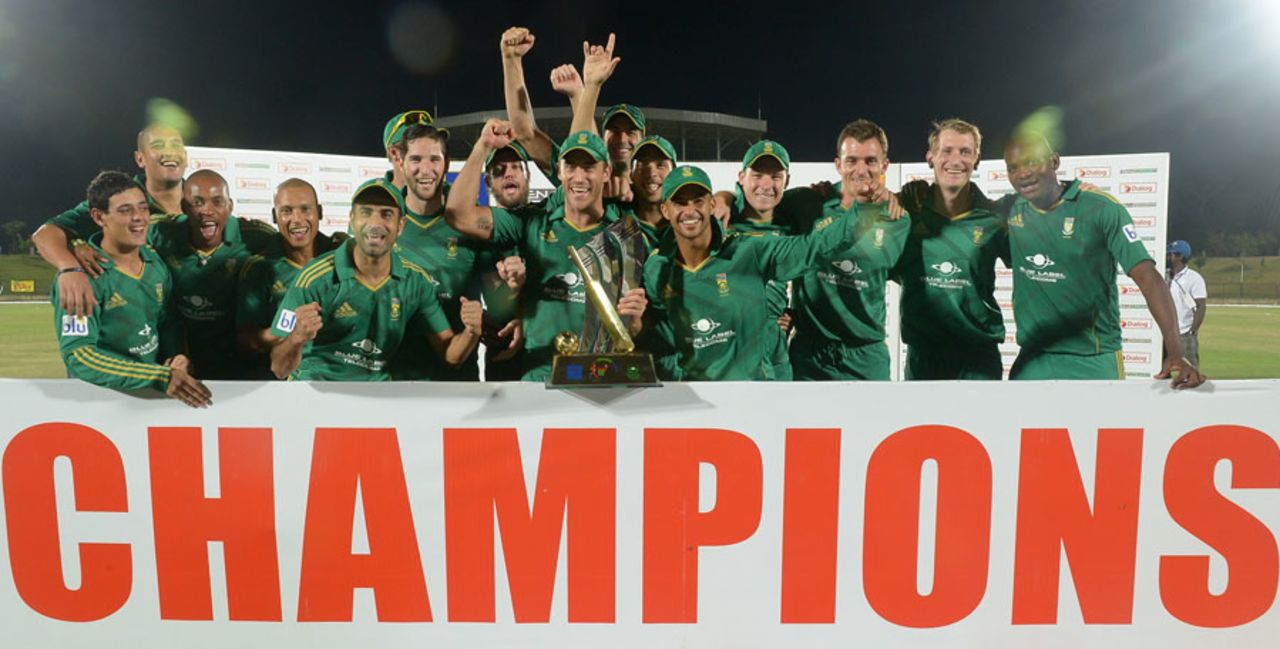 South Africa pose with the champions banner after securing a 2-1 T20 series win over Sri Lanka, Sri Lanka v South Africa, 3rd T20, Hambantota, August 6, 2013